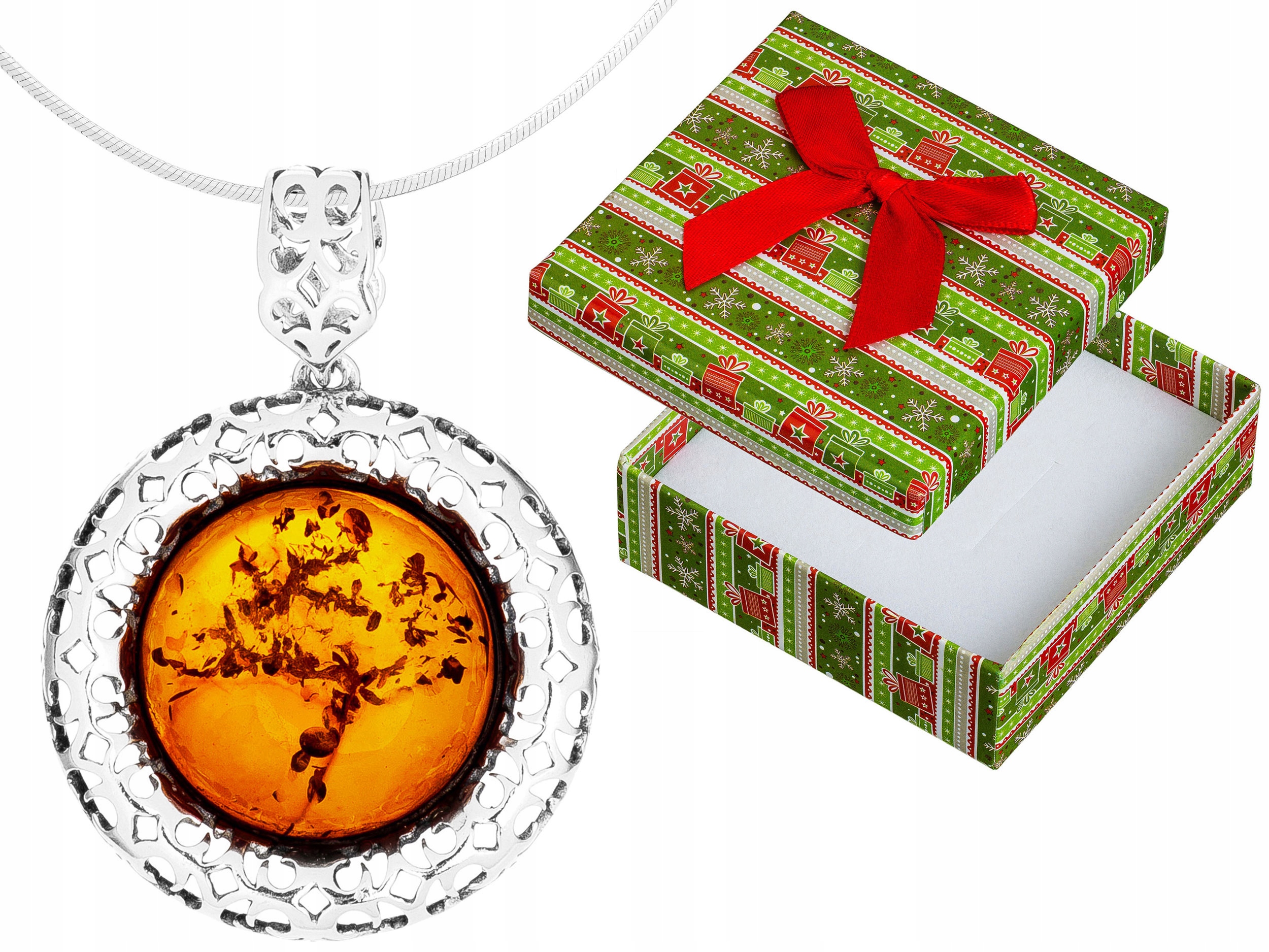 Velký stříbrný ažurový Kulatý dámský náhrdelník s jantarem Stříbro, dlouhý 50