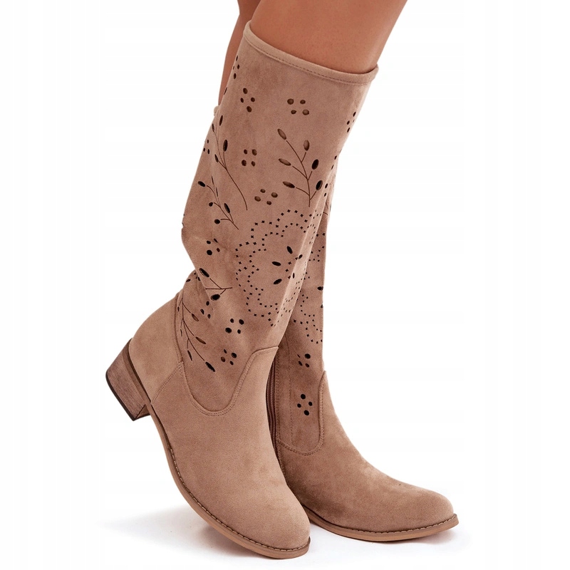 Dámské Kozačky S Perforovaným Podpatkem Kostka Na Zip Eko Semiš Khaki 38