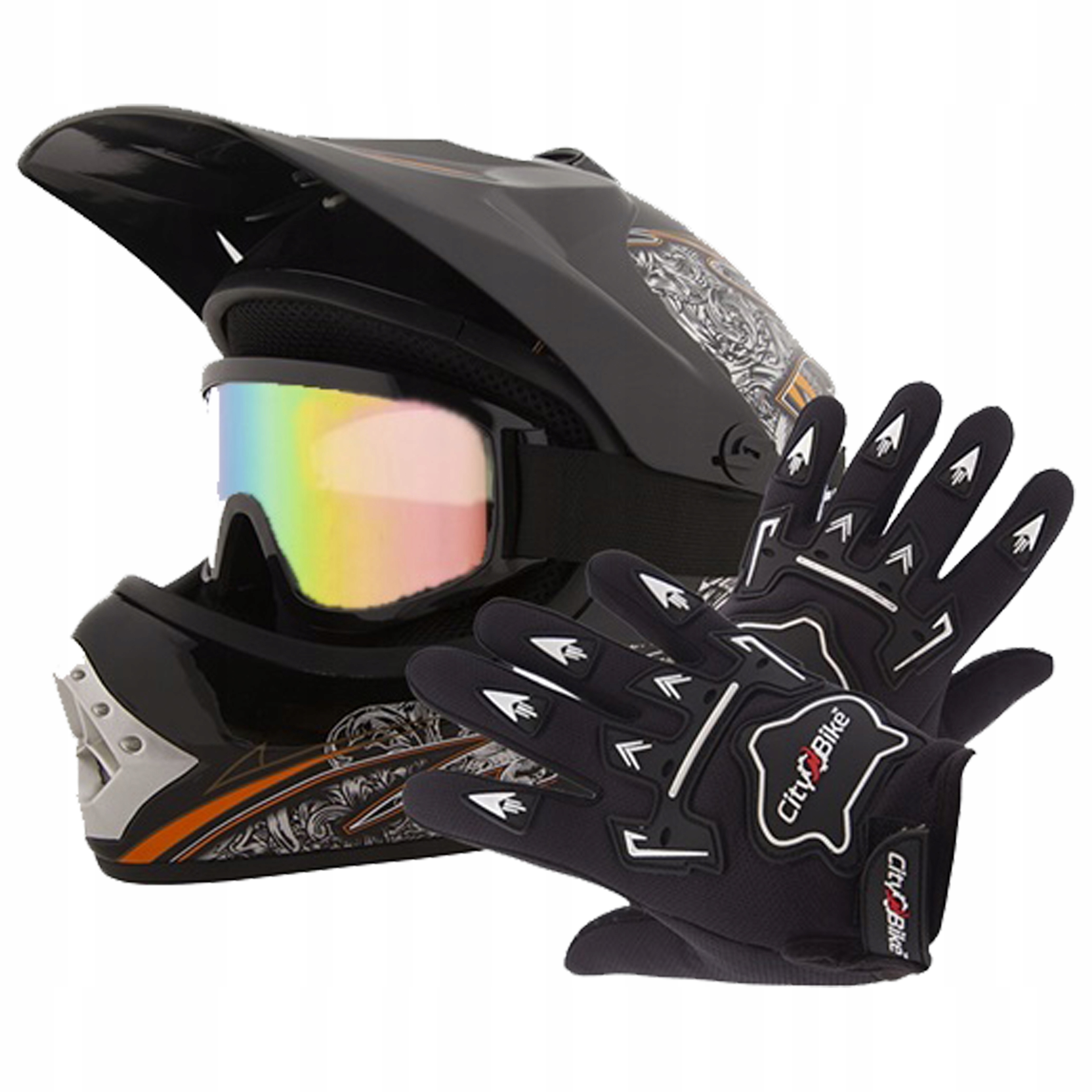 Kask Dziecięcy Crossowy Gogle i Rękawice na Enduro Bmx Quad S Czarny