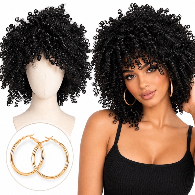 Peruka damska Afro czarna kręcona loki sprężynki 45 cm kolczyki