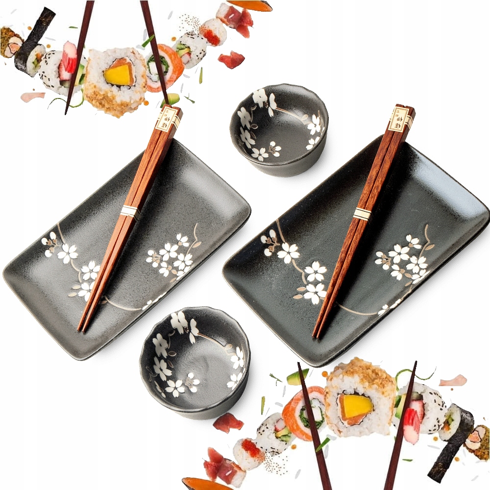 Sada keramiky na sushi Anemone Black Čierna s kvetmi pre 2 osoby Edo Japan