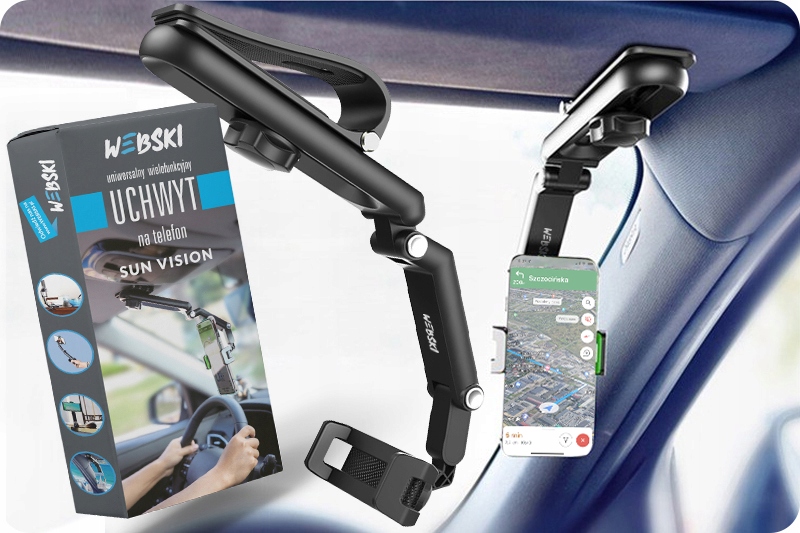 UCHWYT SAMOCHODOWY NA TELEFON NA OSŁONĘ PRZECIWSŁONECZNĄ DO AUTA REGULOWANY Stan opakowania oryginalne