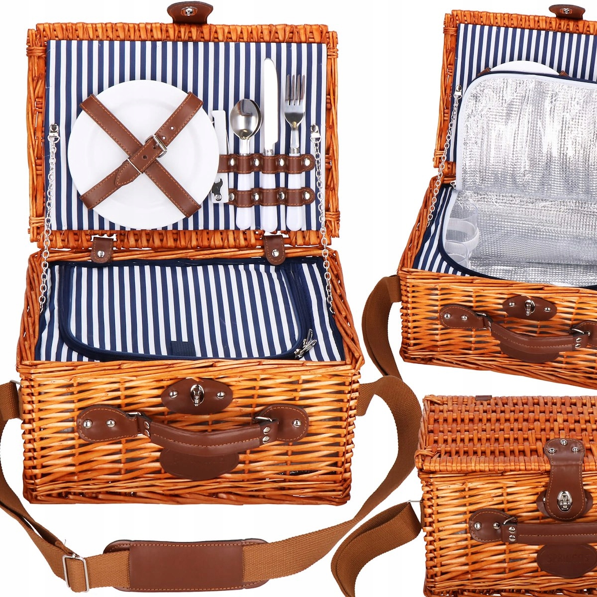 KOSZ PIKNIKOWY TERMICZNY WIKLINOWY + WYPOSAŻENIE SZTUĆCE TALERZE KOSZYK Marka Springos