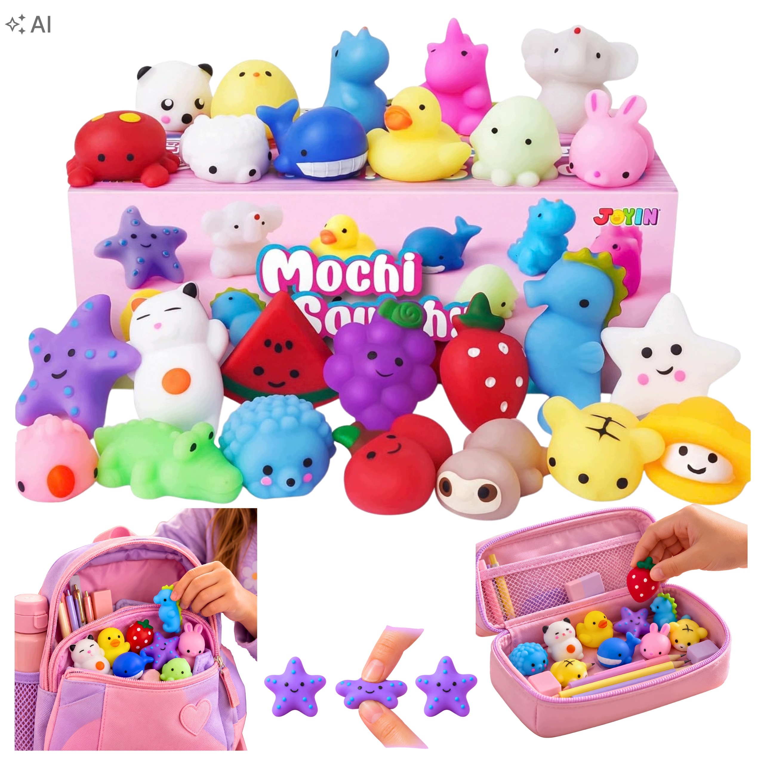 Mini Gniotki Mochi Squishy 100 szt Silikonowe Figurki Zwierzęta Owoce