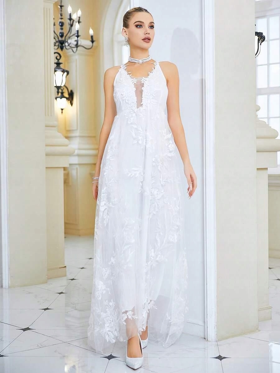 KC57306 Shein Svatební Šaty Bílé Vyšívané Maxi (11) 40