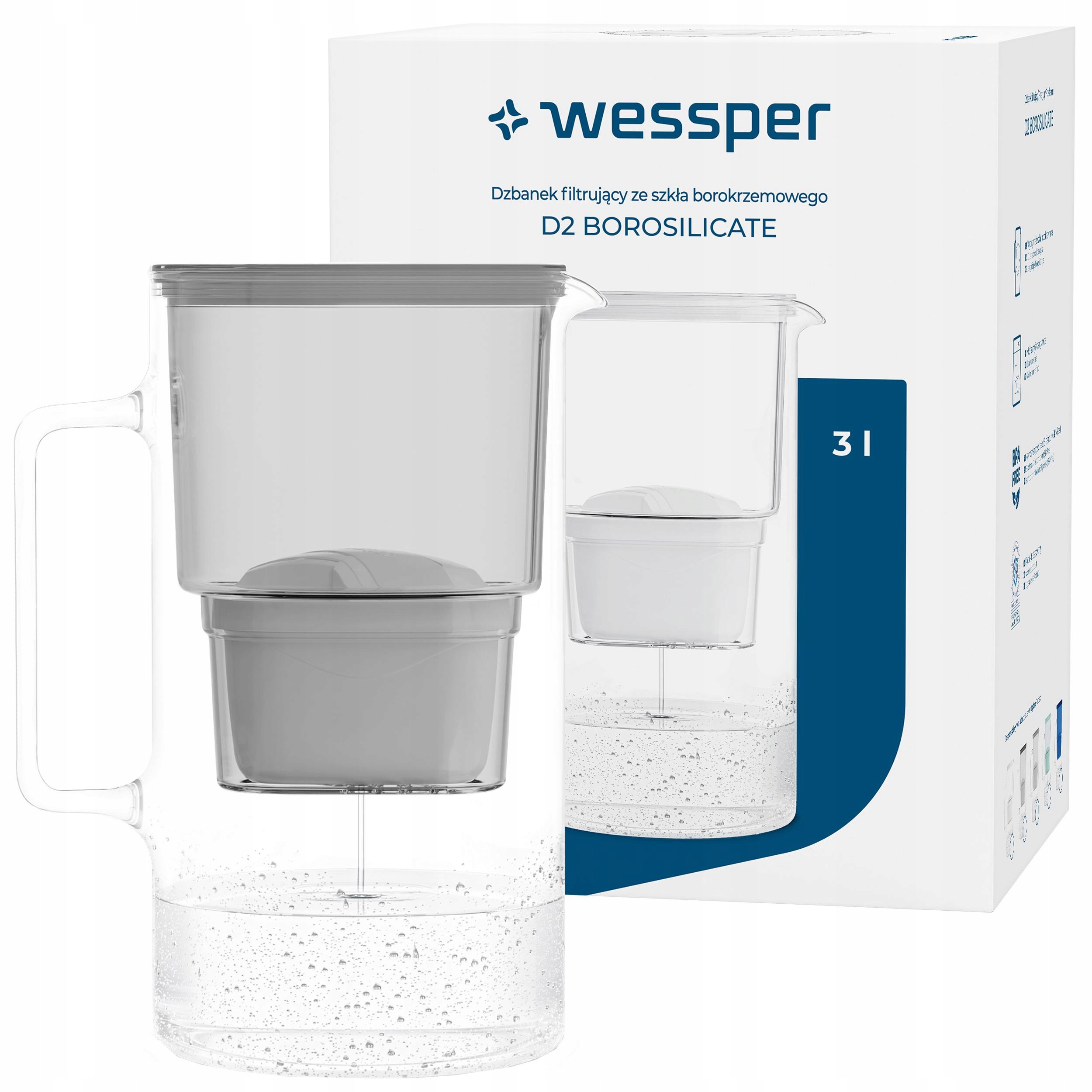 Dzbanek Szklany Wessper D2 Borosilicate 3l 1x Filtr Wkład Wody Wessper