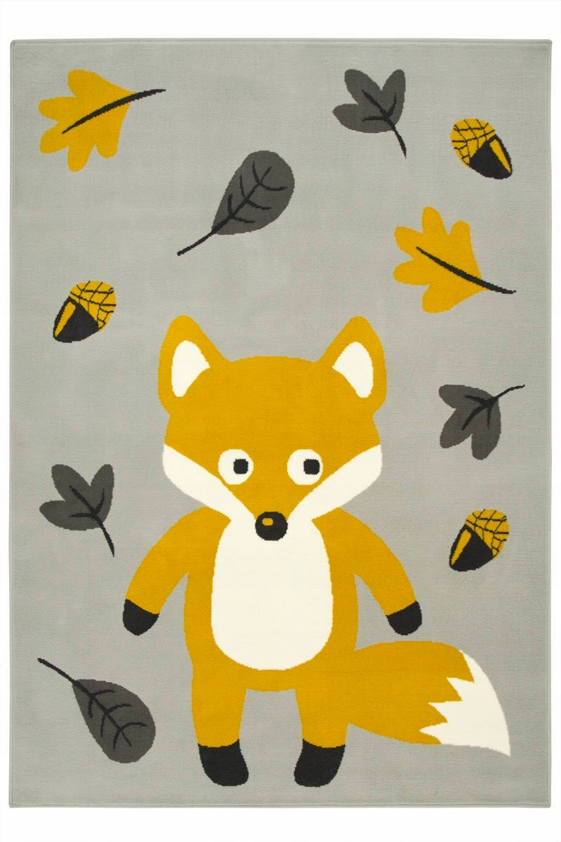 Dywan Dziecięcy Szary Mustardowy Lisek Leśny Liście Luna Kids 160x225 cm