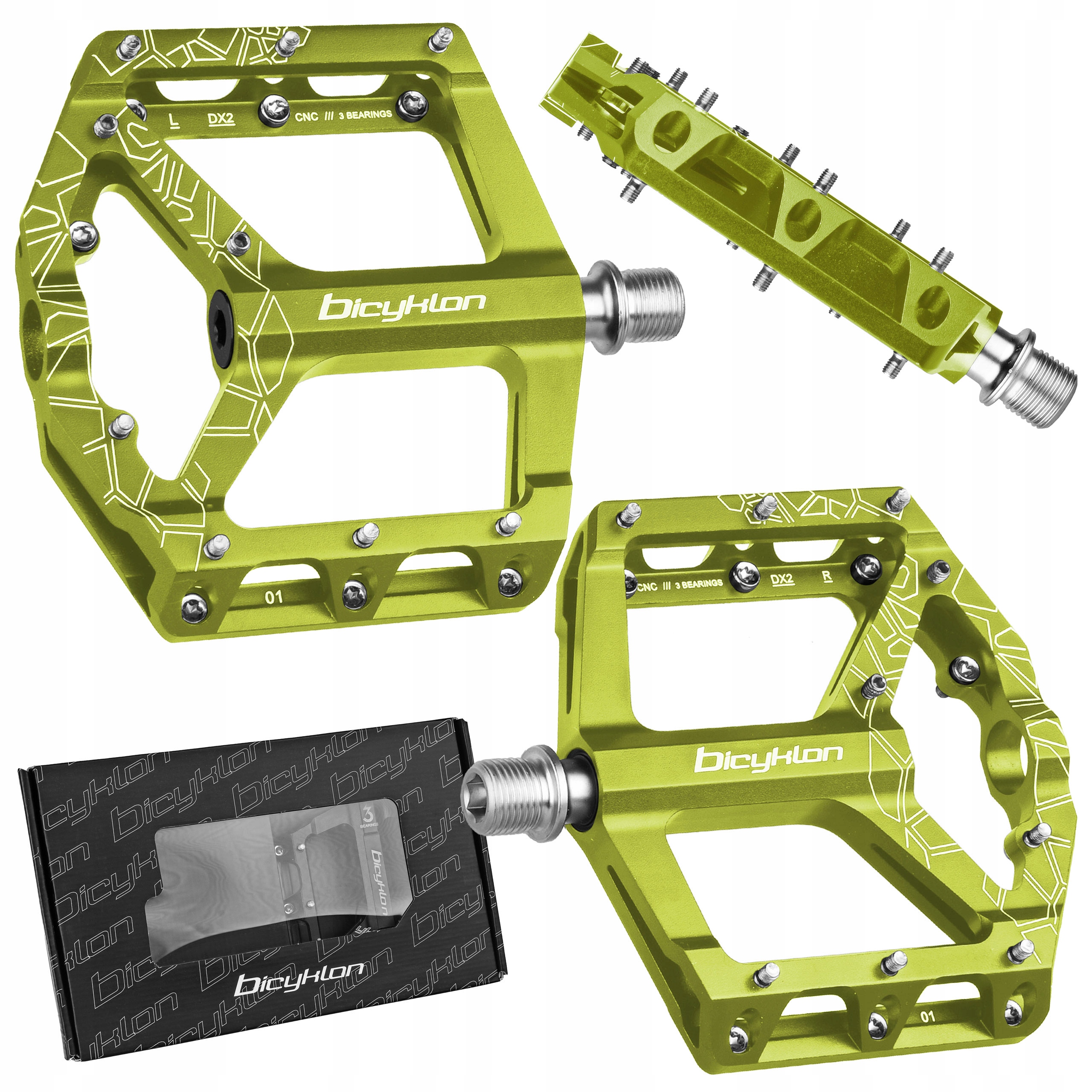 Pedały Rowerowe Bicyklon DX2 Cnc Platformowe 3 Łożyska Maszynowe Zielone