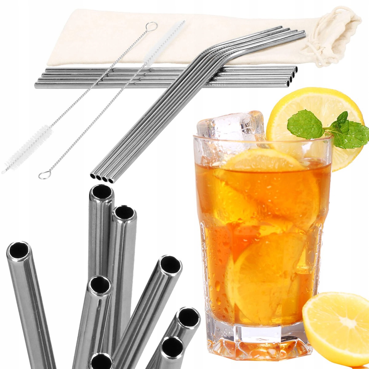 EKO GRUBE RURKI SŁOMKI METALOWE ZESTAW 8szt CZYŚCIKI WIELORAZOWE STALOWE Seria METALOWE SŁOMKI DO DRINKÓW RURKI 8szt