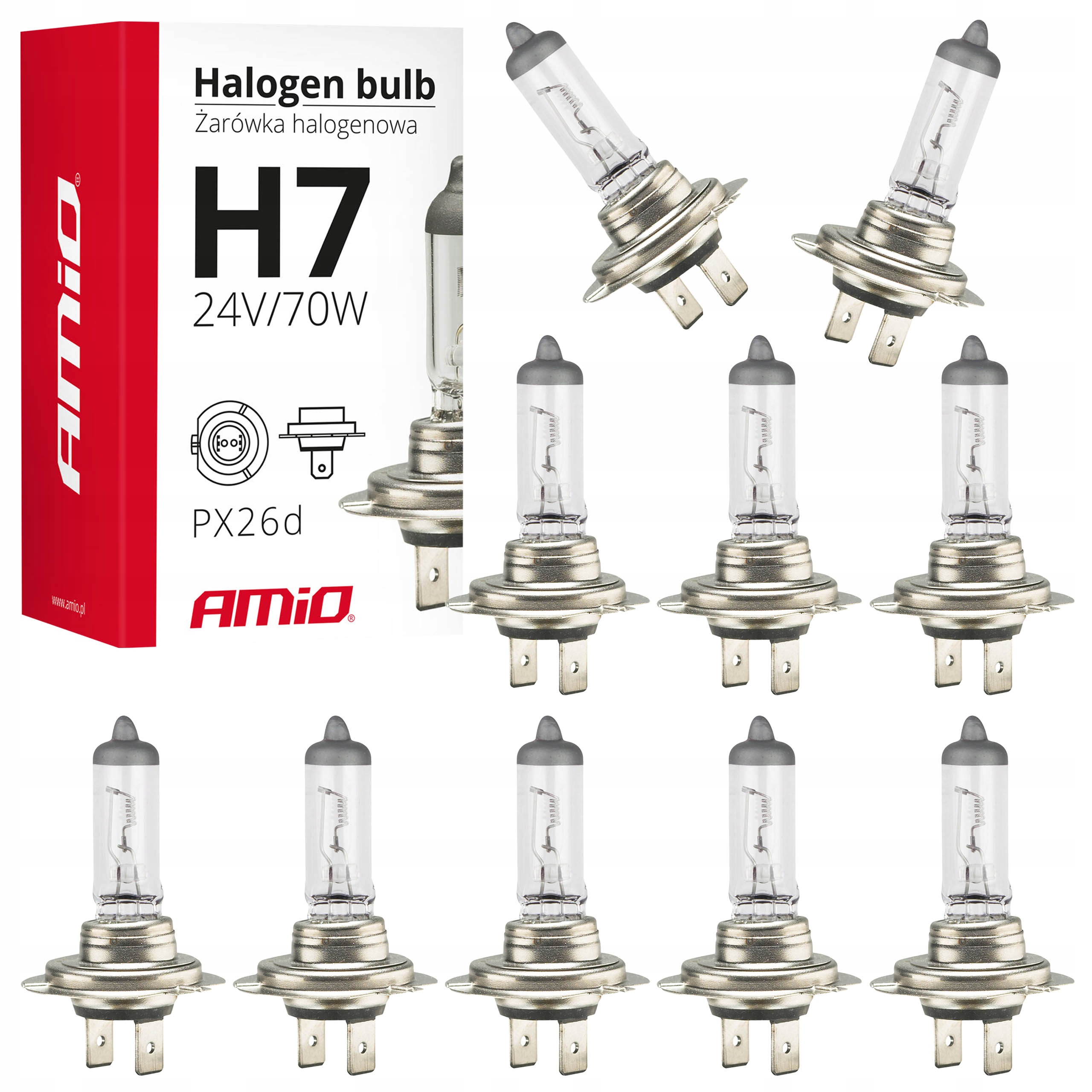10x Żarówka halogenowa H7 24V 70W filtr Uv E4 Amio 01252