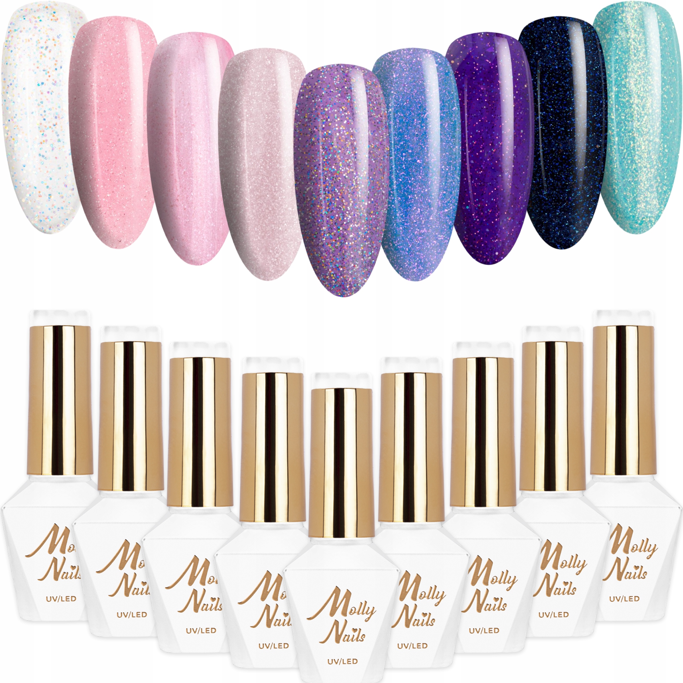 9x Lakier Hybrydowy Mollynails Winter Crystalize Zestaw 9w1 Brokatowe