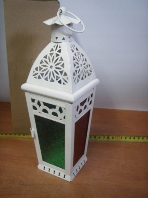 latarnia metalowa  z kolorowymi szybkami  biała / czarna 32 cm   LAT-16035 — 3