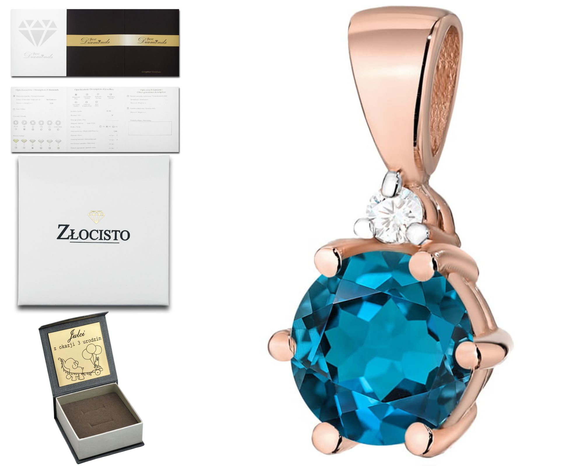 Zlatý Přívěsek Přírodní Kámen Topaz London Blue A Diamant 585 Dárek