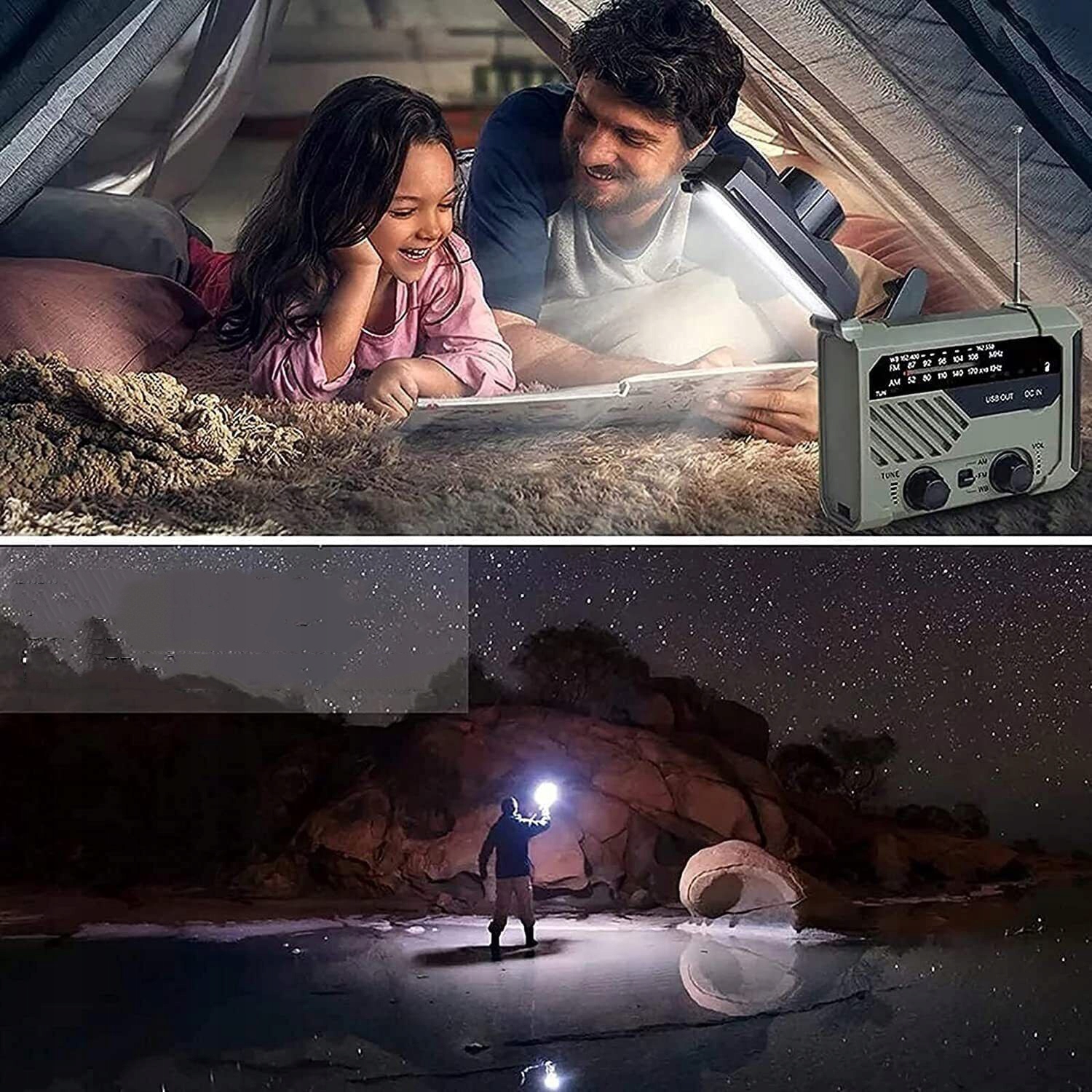 PRZENOŚNE RADIO NA KORBKĘ Z BATERIĄ SOLARNE 2000MAH, RADIO AWARYJNE Z AM FM Zasilanie sieciowo-bateryjne