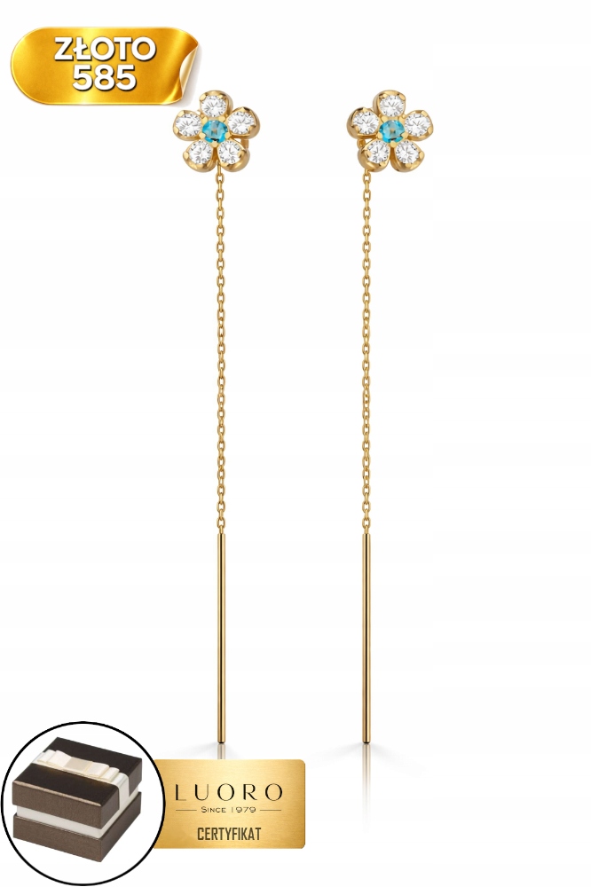 Náušnice Zlaté 585 14K Květinka S Modrým Zirkonem Provlékací 6,5 CM
