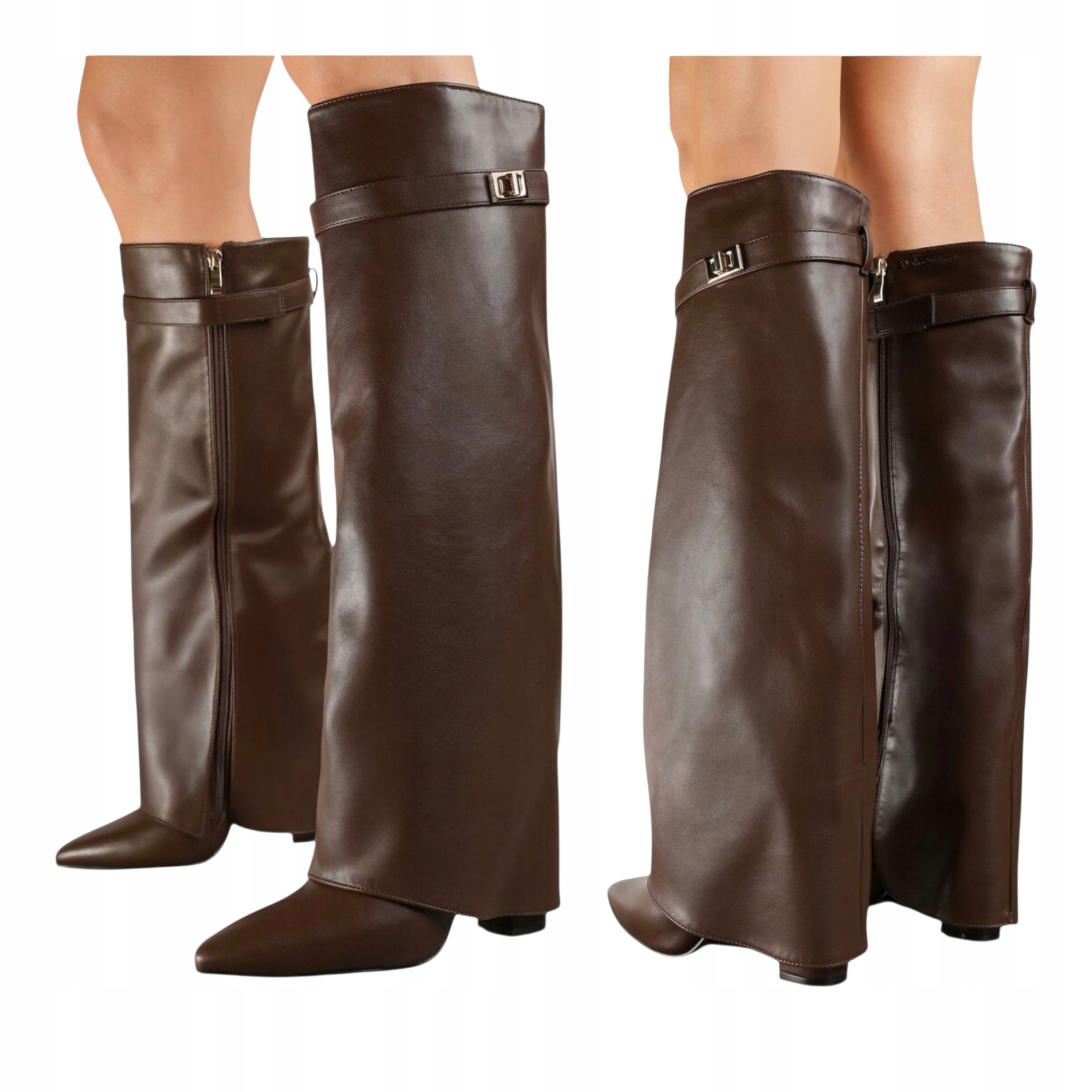 Dámské vysoké kozačky s rolovacím Svršek na podpatku, kožené, hnědé, velikost 36