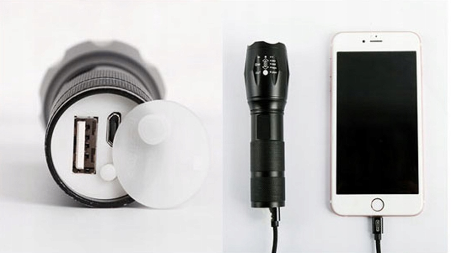 LATARKA LED TAKTYCZNA Z ZOOMEM ALUMINIOWA USB Powerbank + KABEL MICRO-USB Liczba trybów 4