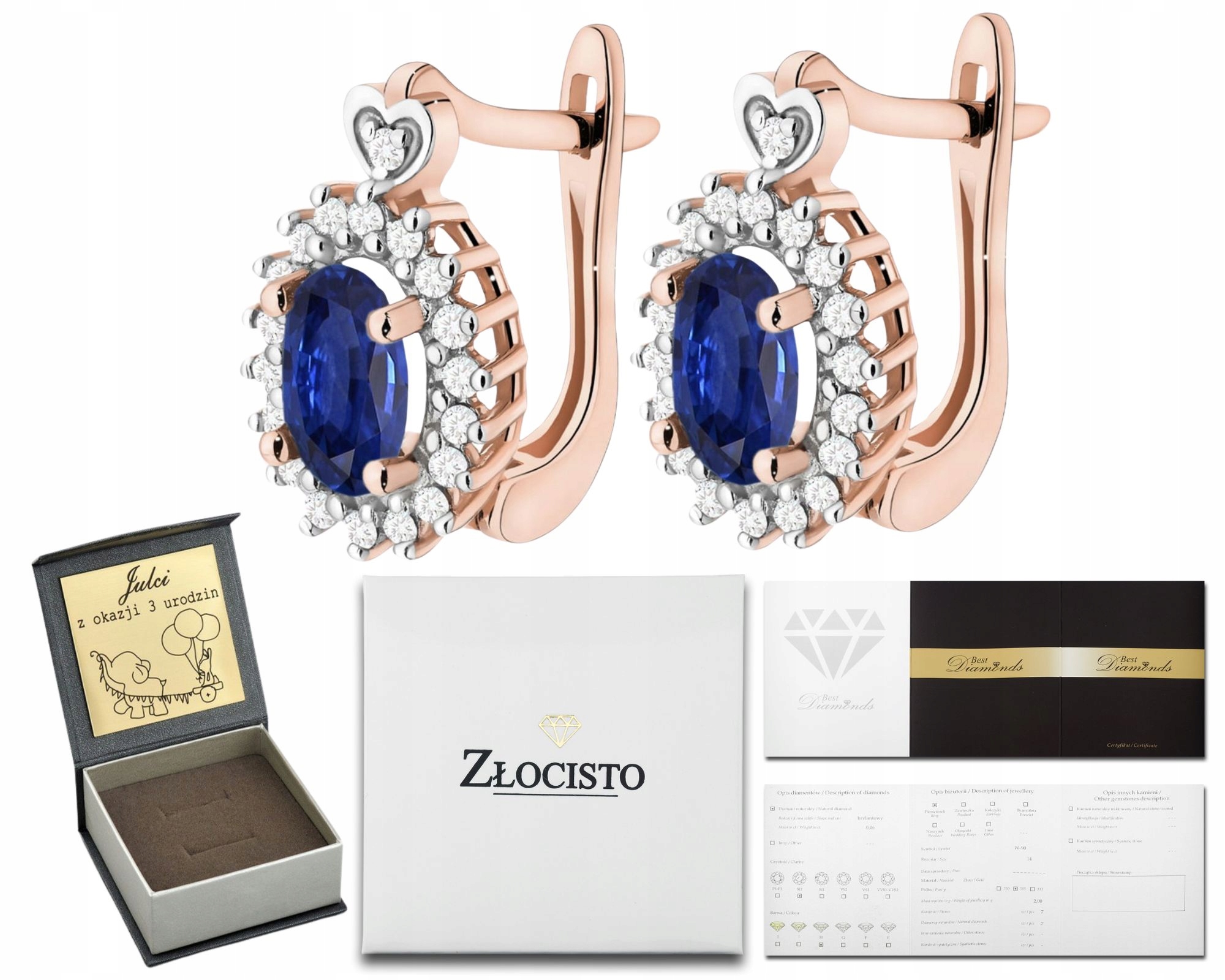 Růžové Zlato Náušnice Se Safírem A Brilianty Anglické Zapínání Zlato 585