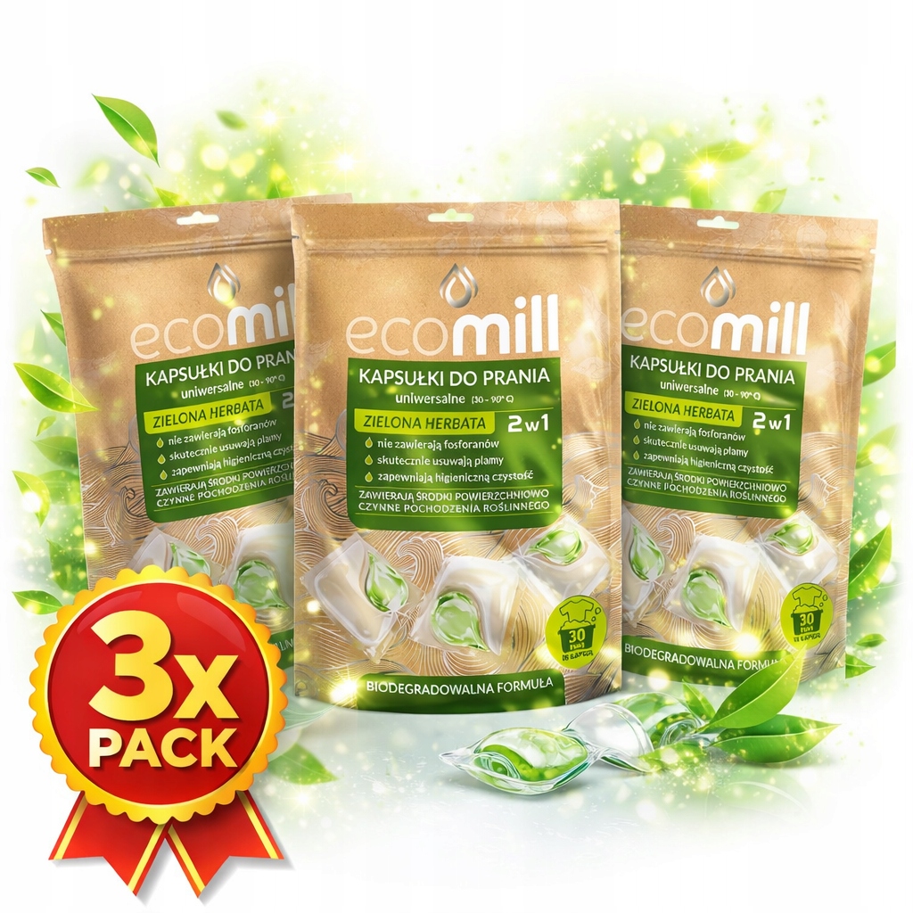Levně Ecomill Kapsle na praní Zelený Čaj 3x30 ks Ekologické 2v1