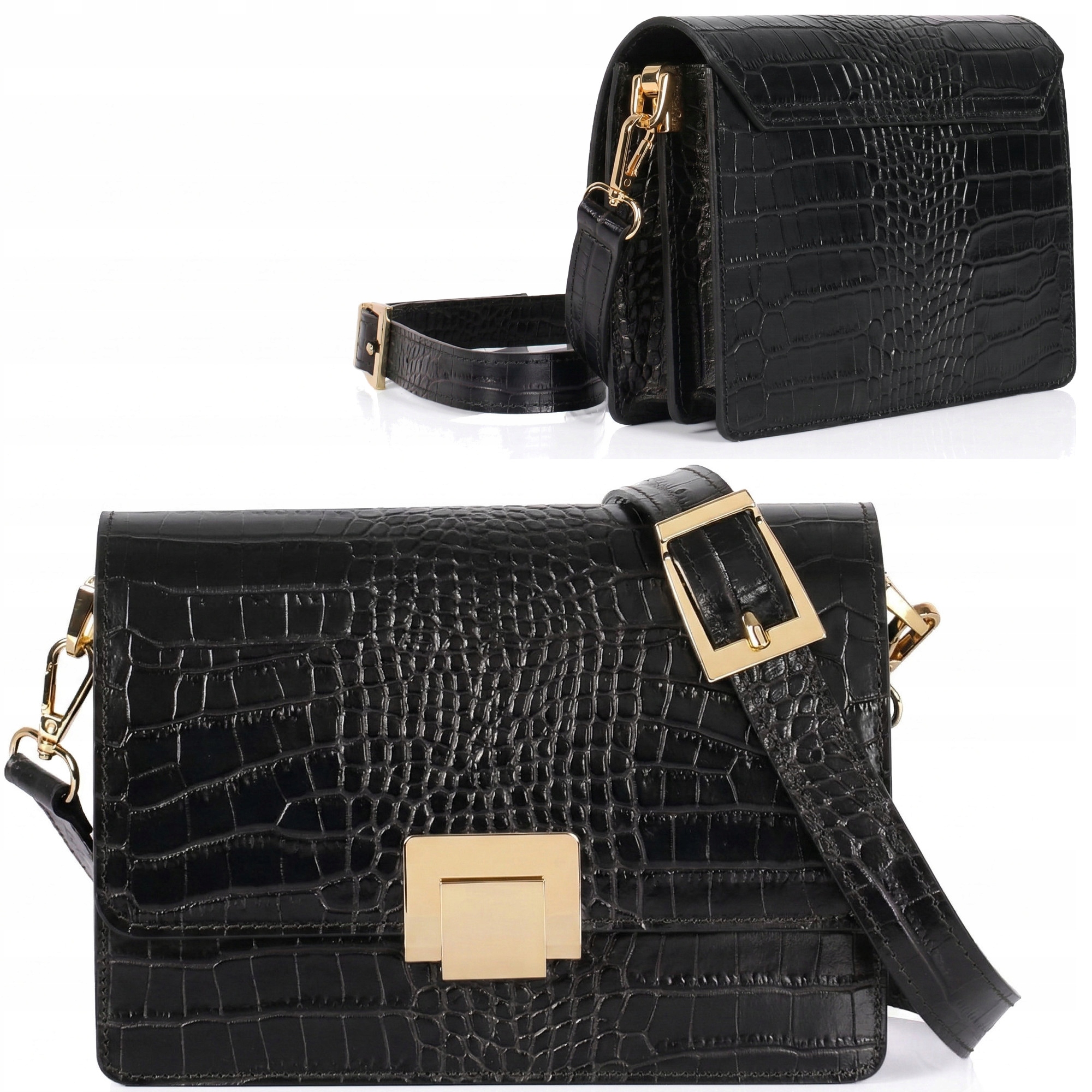Loccati Torebka Listonoszka Skóra Naturalna Krokodyl Mała Czarna