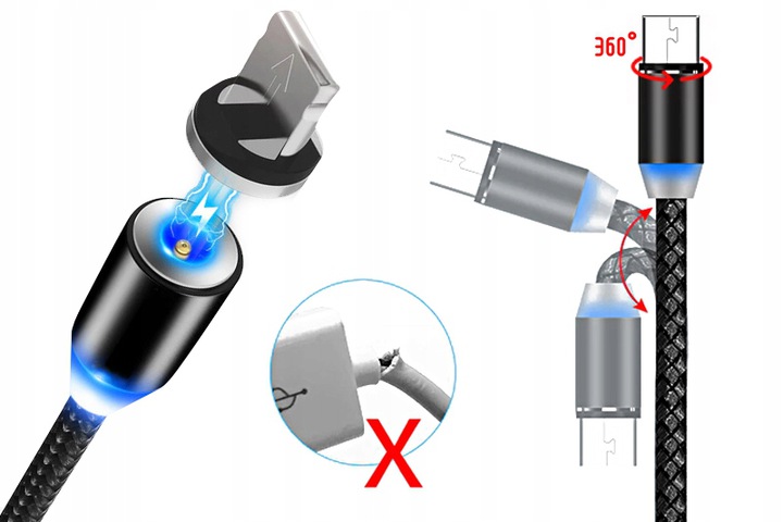 1M KABEL MAGNETYCZNY 3 RÓŻNE KOŃCÓWKI DO TELEFONU Złącza USB - USB typ C / microUSB / Lightning