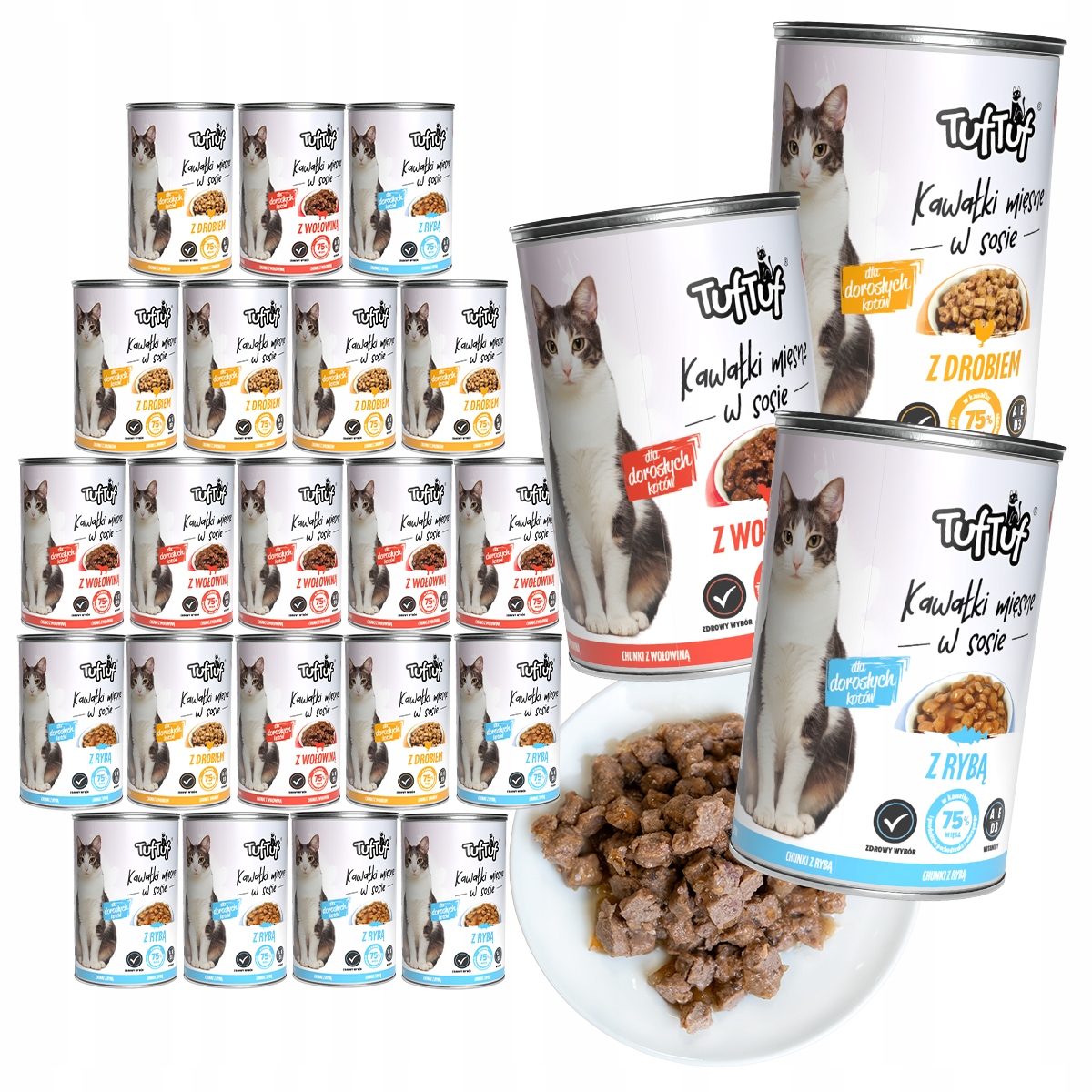 Levně Krmivo Pro Kočky – Vlhké Krmivo Plechovka MIX Chutí Kousky 24x415g TufTuf