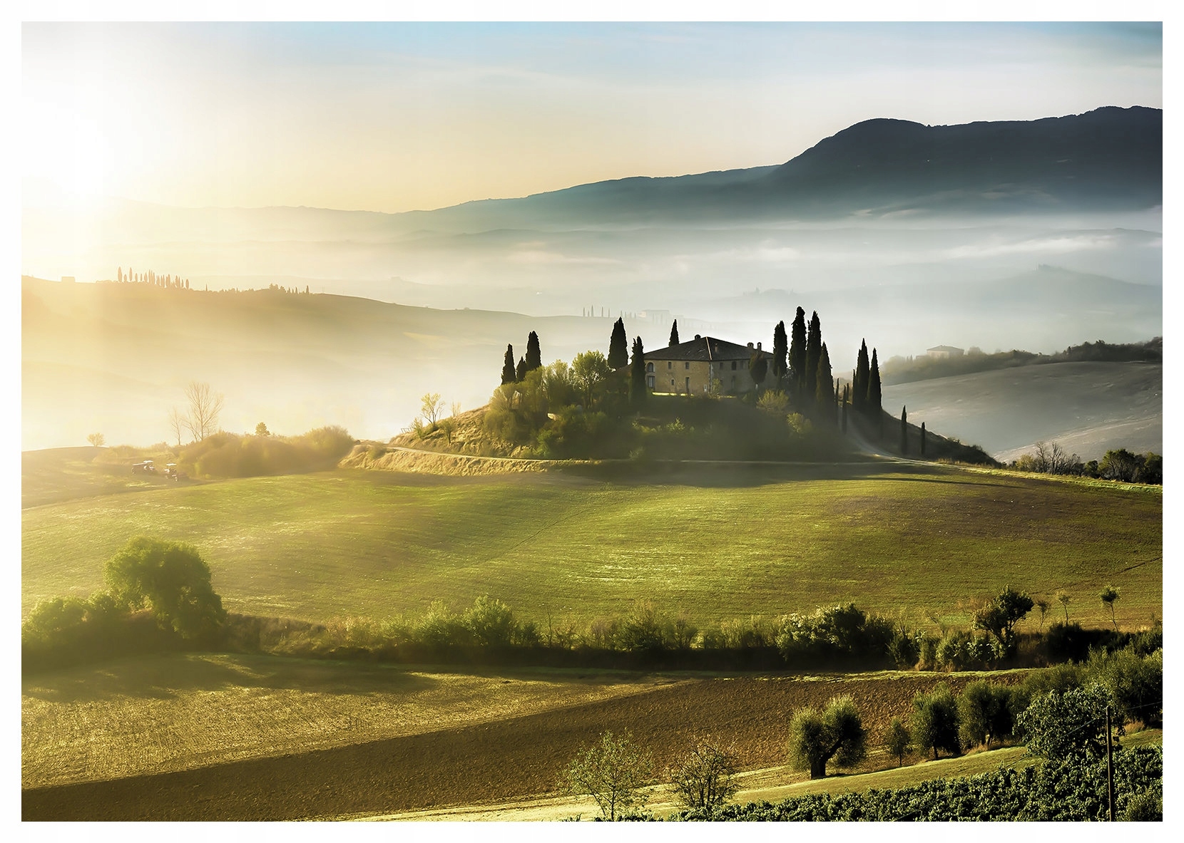 Fototapeta Toskánsko krajina kopce dům 416x290 mlha nebe stromy lepidlo