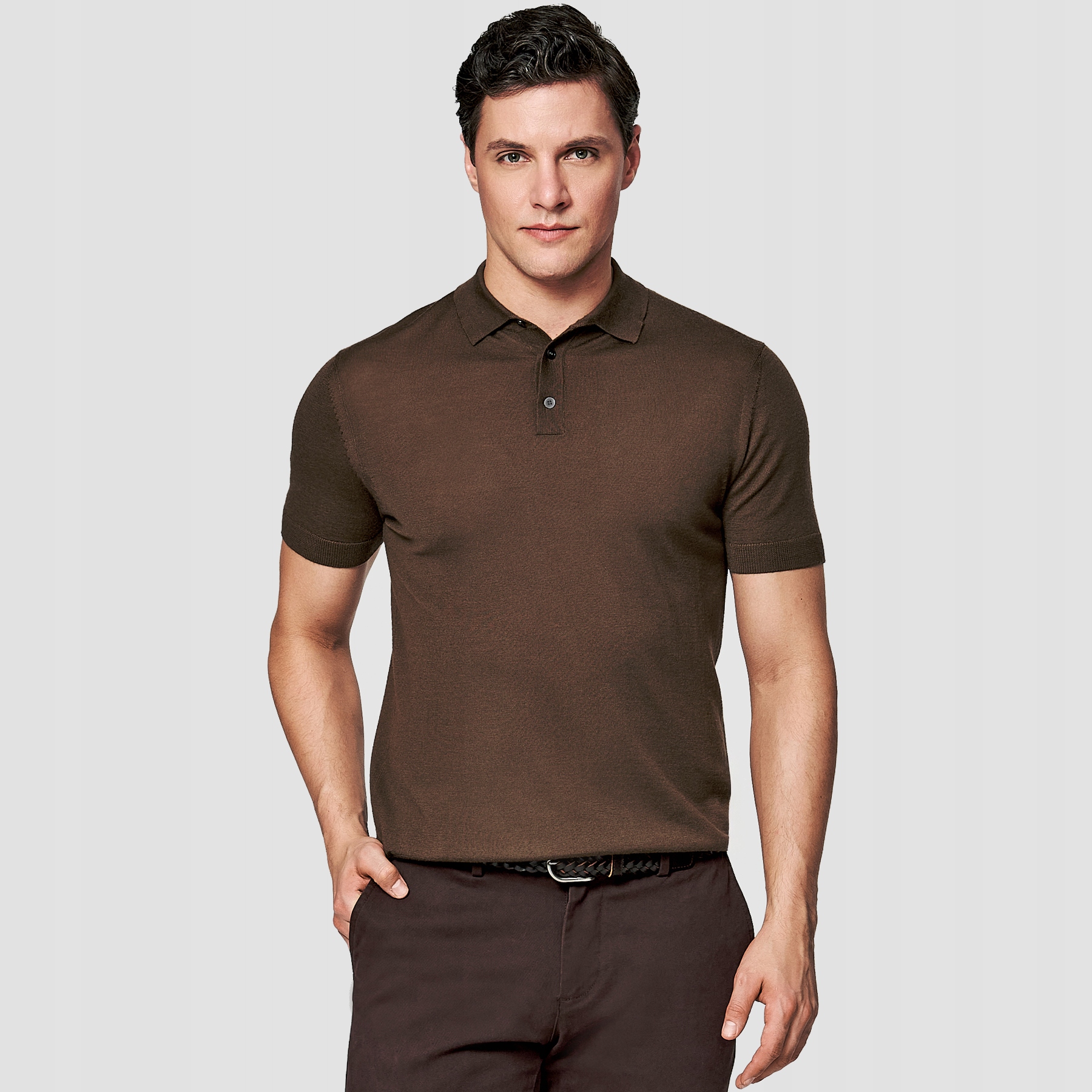 Hnědé svetrové polo tričko ze 100% vlny Merino Pako Lorente vel XXL