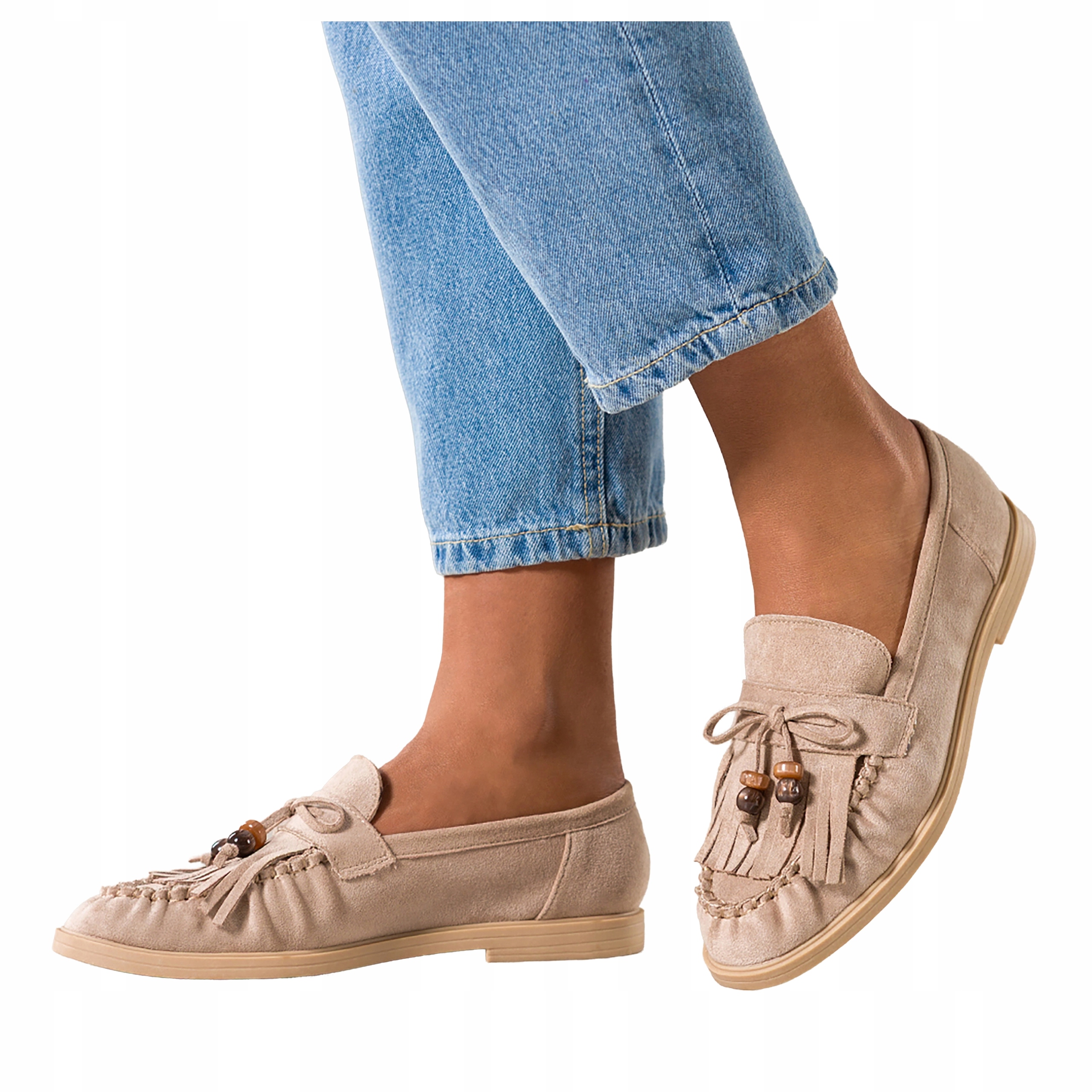 Mokasíny Béžové Dámské Polobotky Ploché S Třásněmi A Mašličkou Módní vel 40