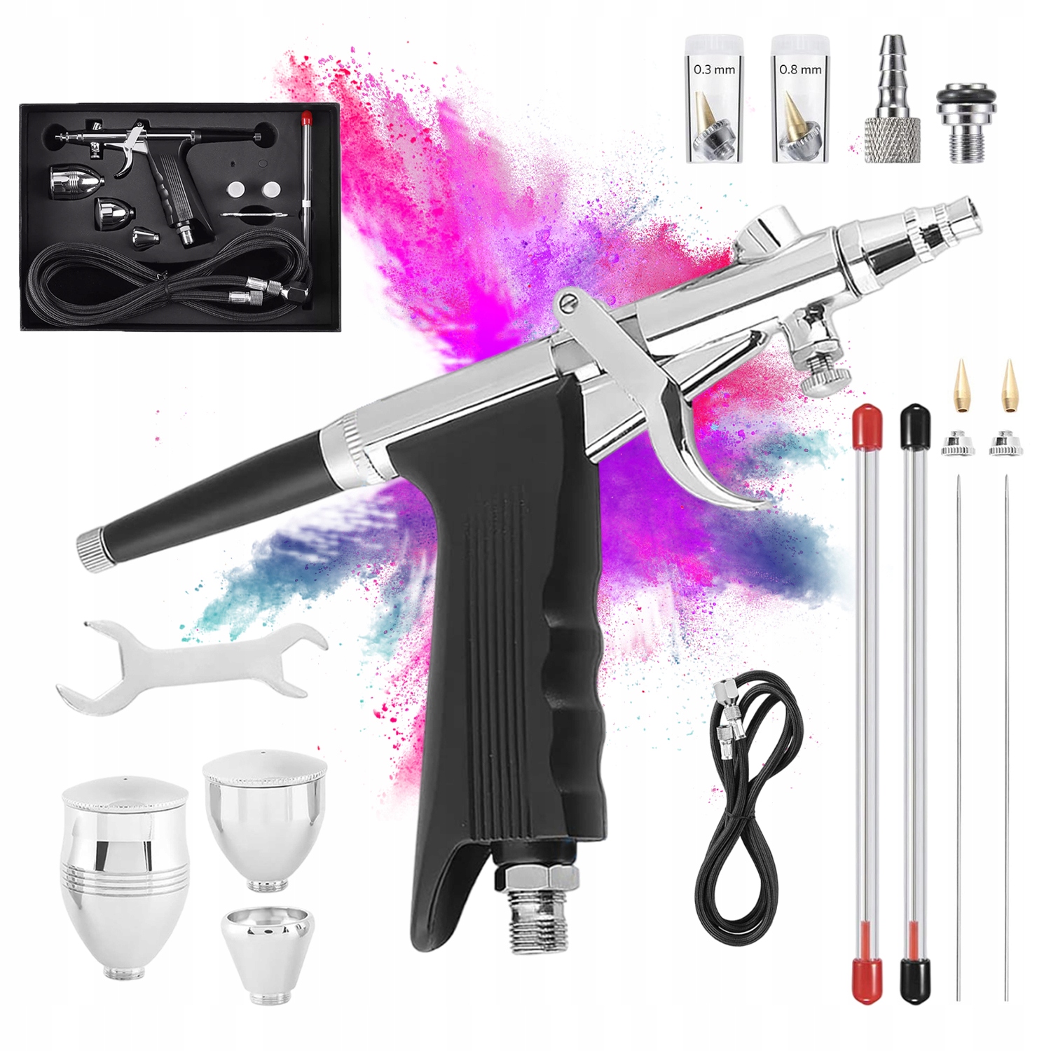 Stříkací pistole Aerograf pro malování s tryskou 0,3 mm, 0,5 mm, 0,8 mm