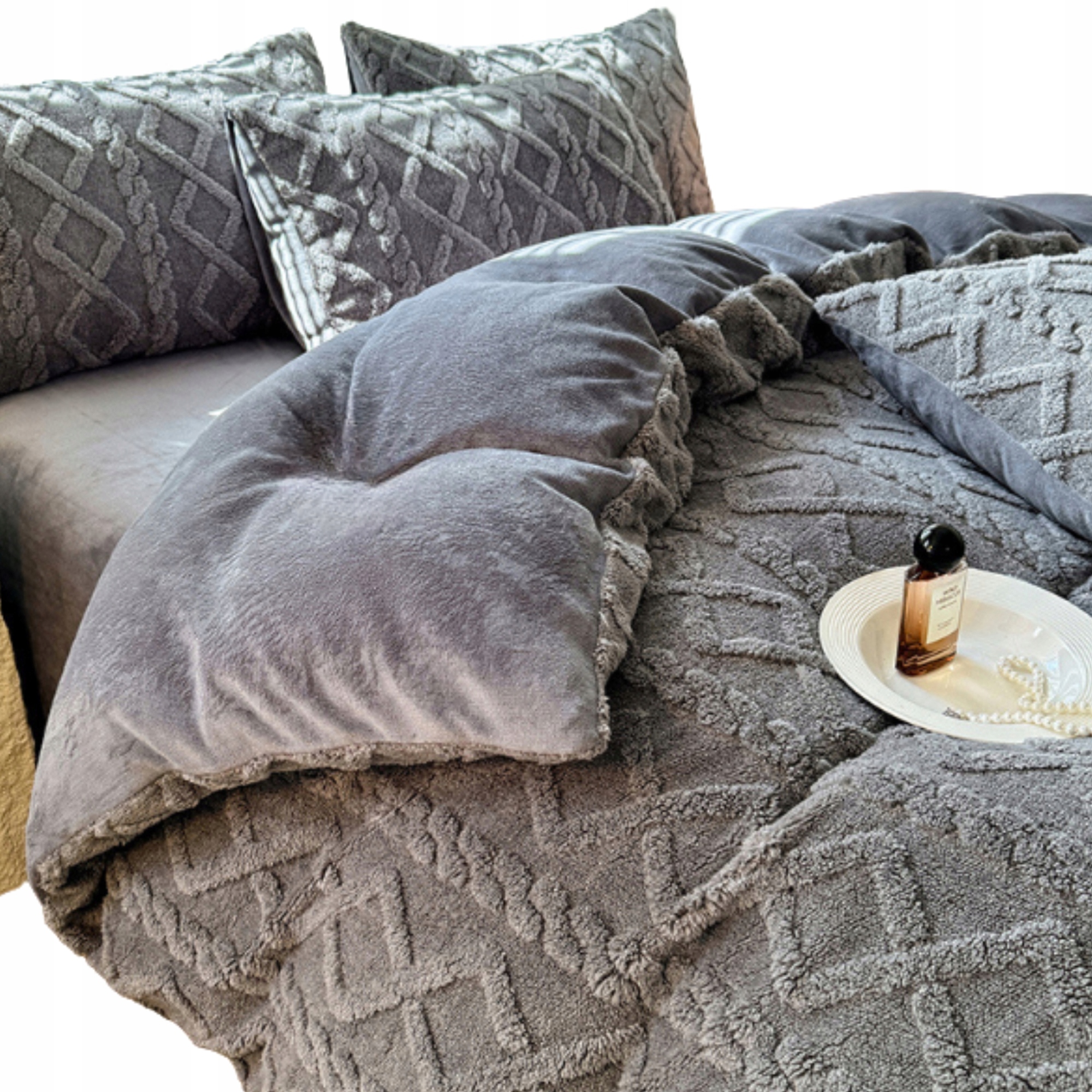 Sada Povlečení Fleecová Plyšová 200x220 2x 70x80 Šedá Teplá Měkká