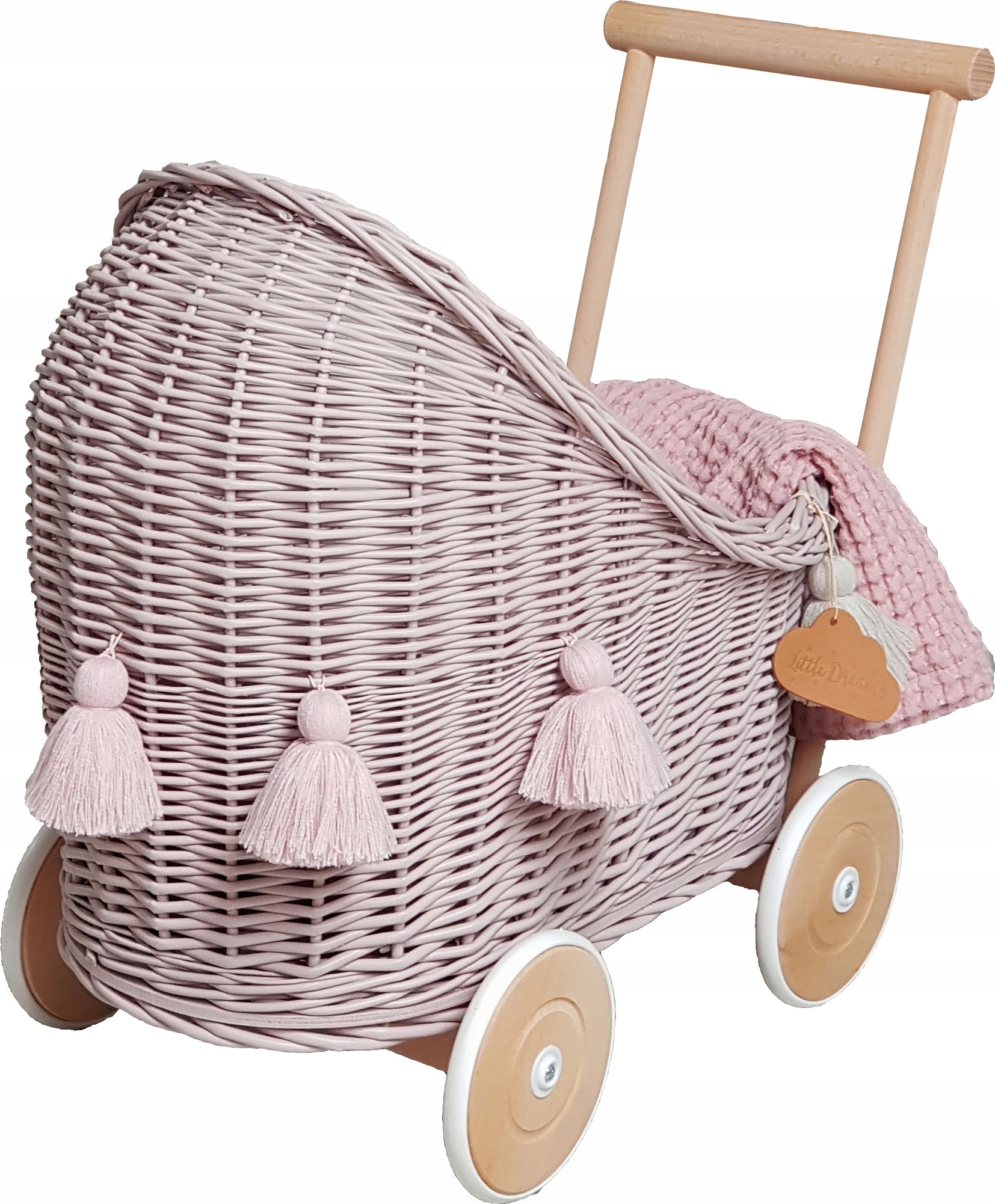 

Wózek Wiklinowy Dla Lalek Brudny Róż Chwosty