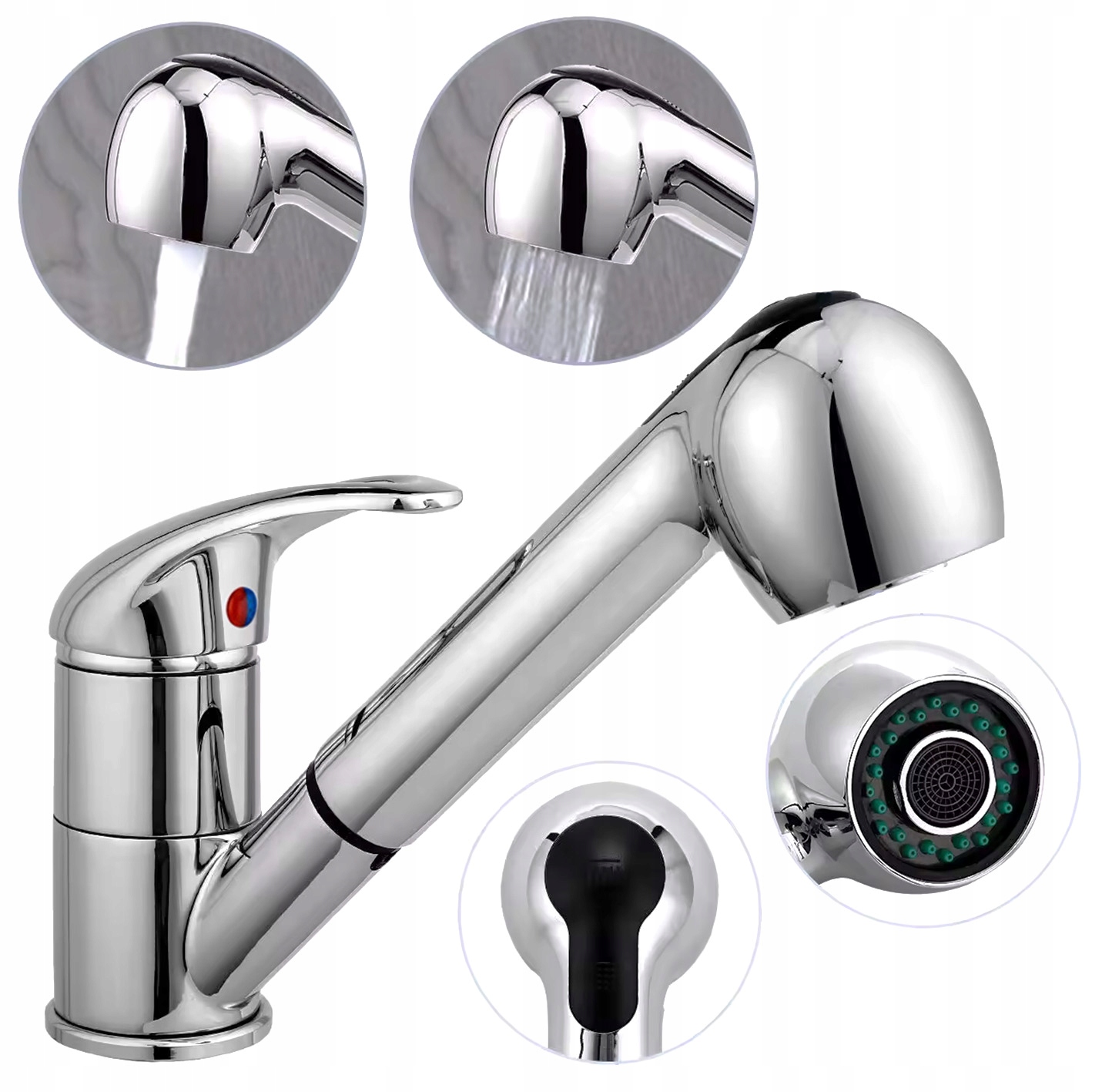 Bateria Kuchenna Umywalkowa Niska Stojąca Wyciagana Wylewka 2 Tryby Kran