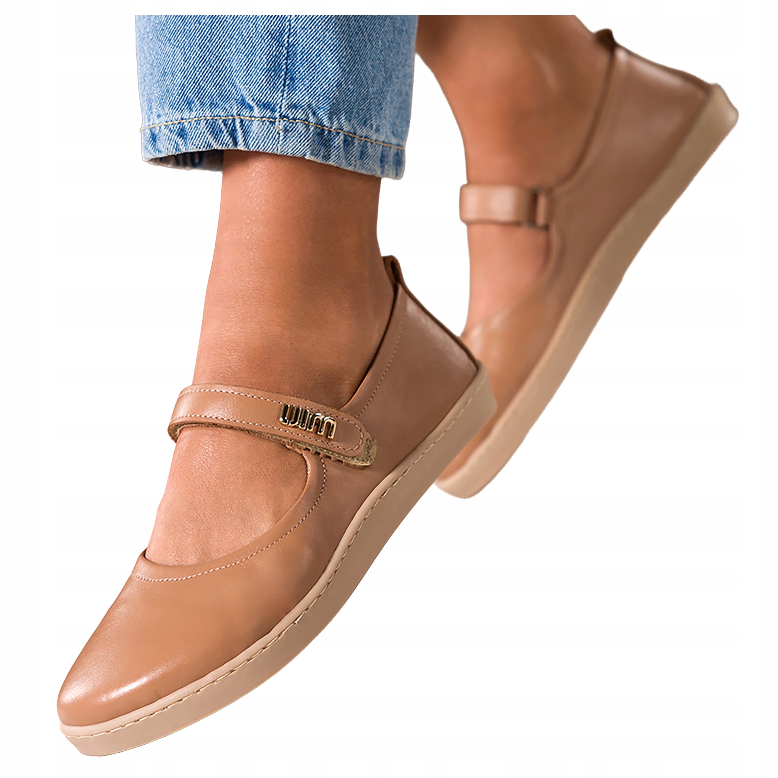 Camelové Baleríny Dámské Barefoot Elastické Pásek Na Suchý Zip Kožené vel. 37