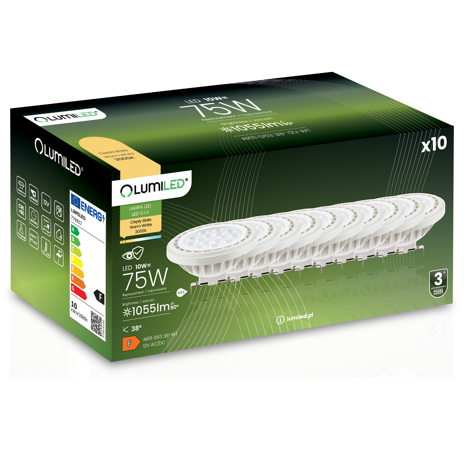 10x Led žárovka G53 AR111 10W 75W 1055lm 3000K Teplá 38° 12V Lumiled