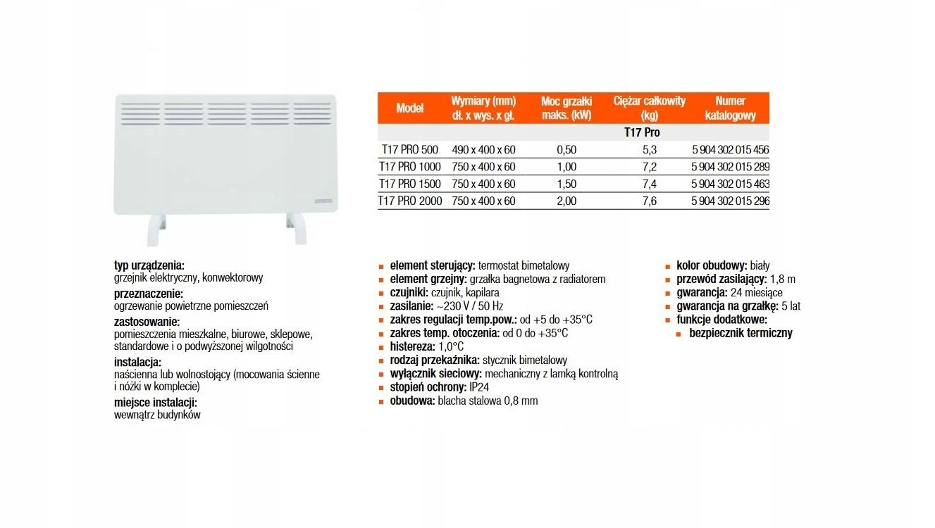 THERMOVAL T17 PRO 500W, grzejnik elektryczny Kolor dominujący biały