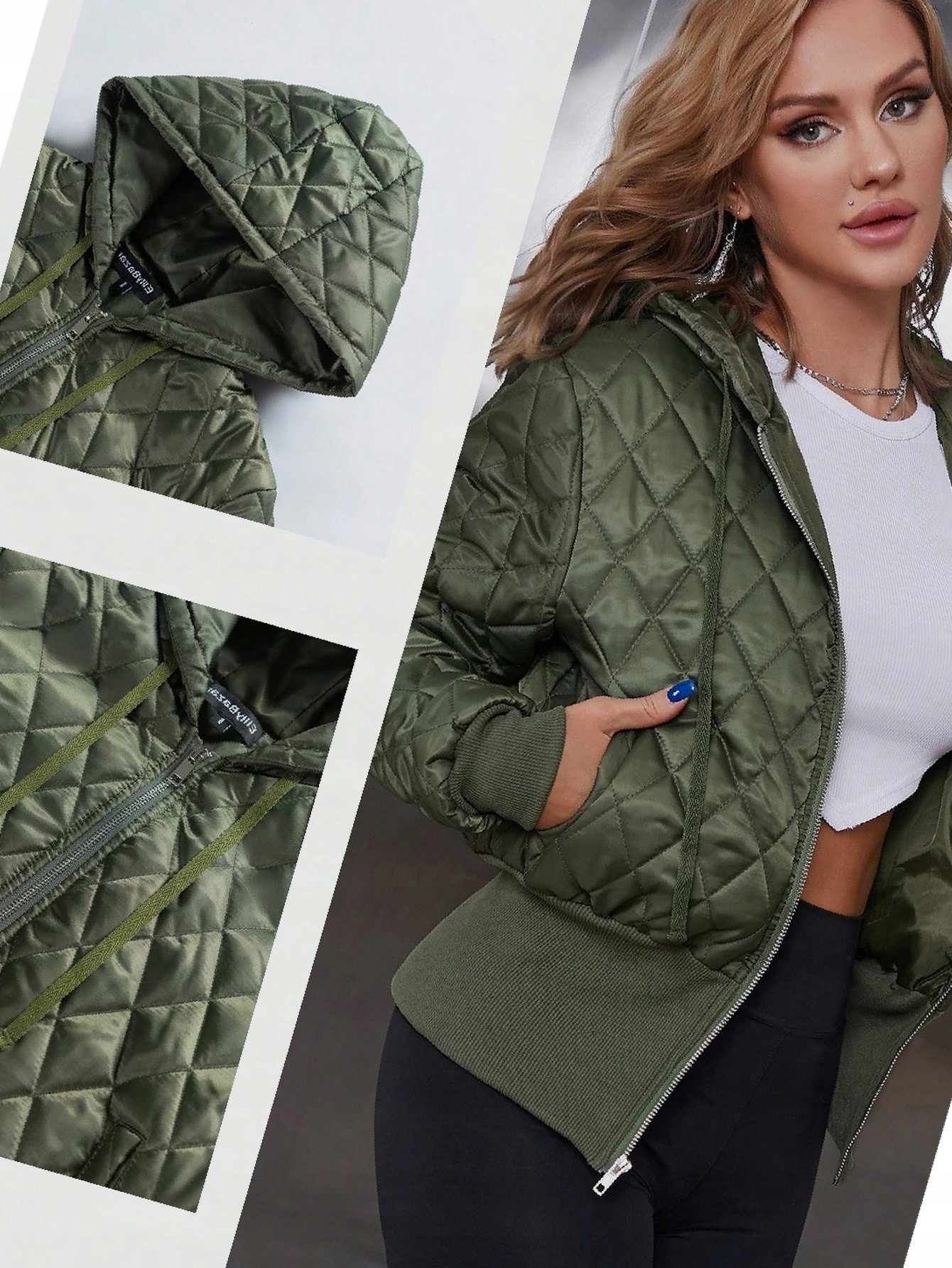 Dámská prošívaná bunda Zelená Denní Bomber S Kapucí Xs 34