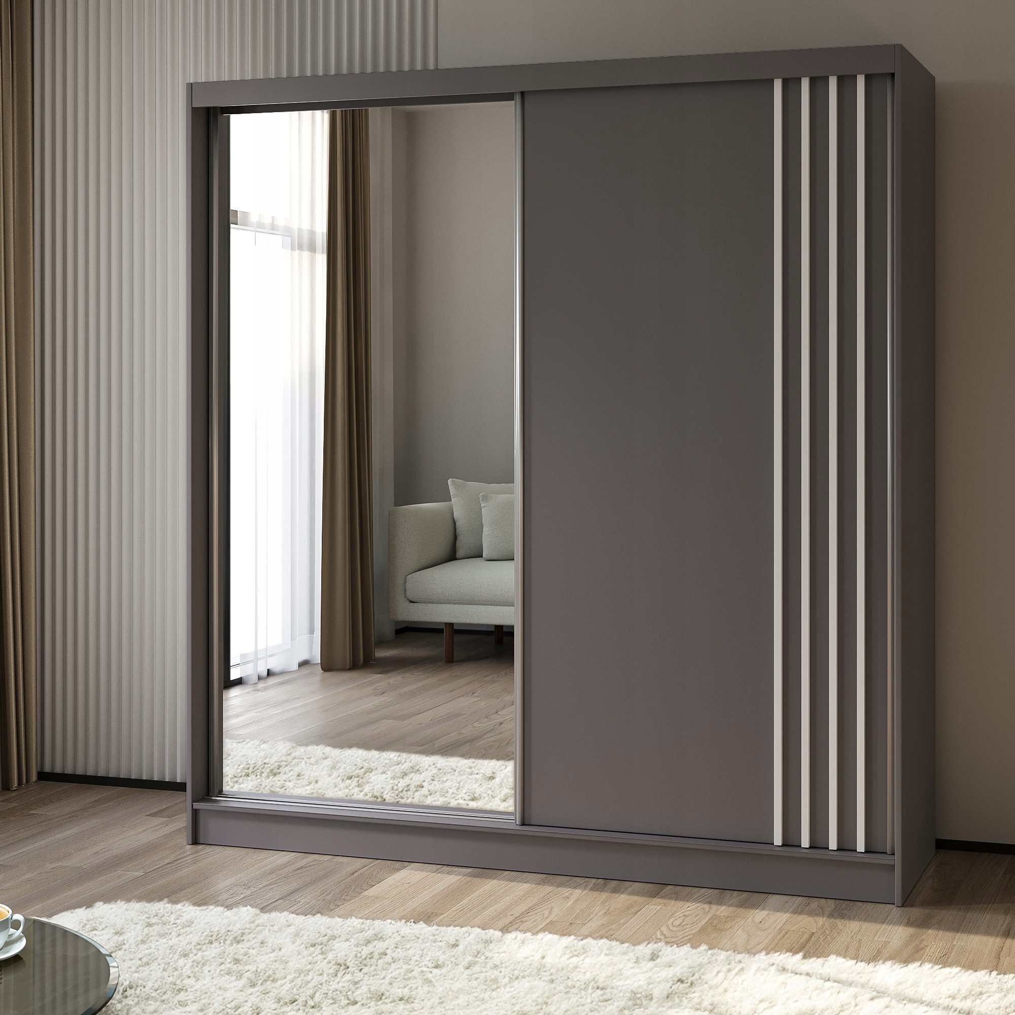 Skříň dvoudveřová Nelvia 200 cm Skříň se zrcadlem Posuvná šedá