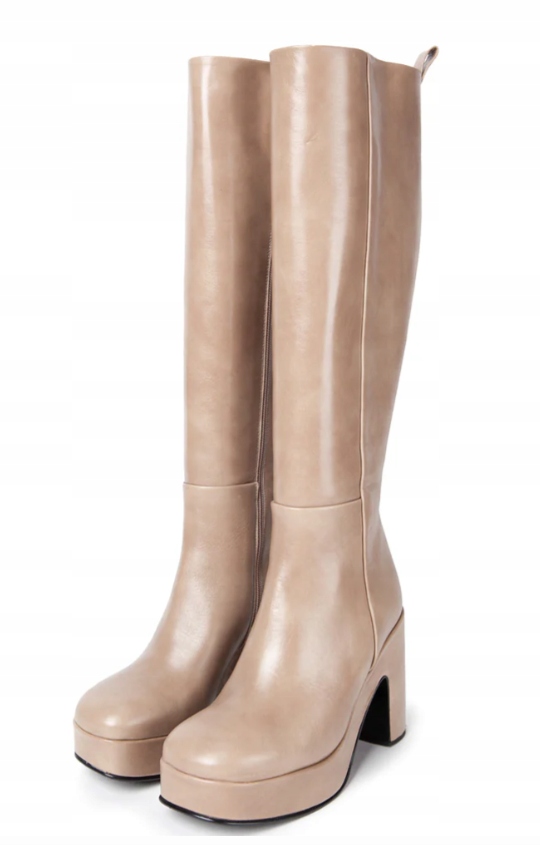 Equitare Béžové Kozačky Na Podpatku Z Matné Přírodní Kůže 37 3DD