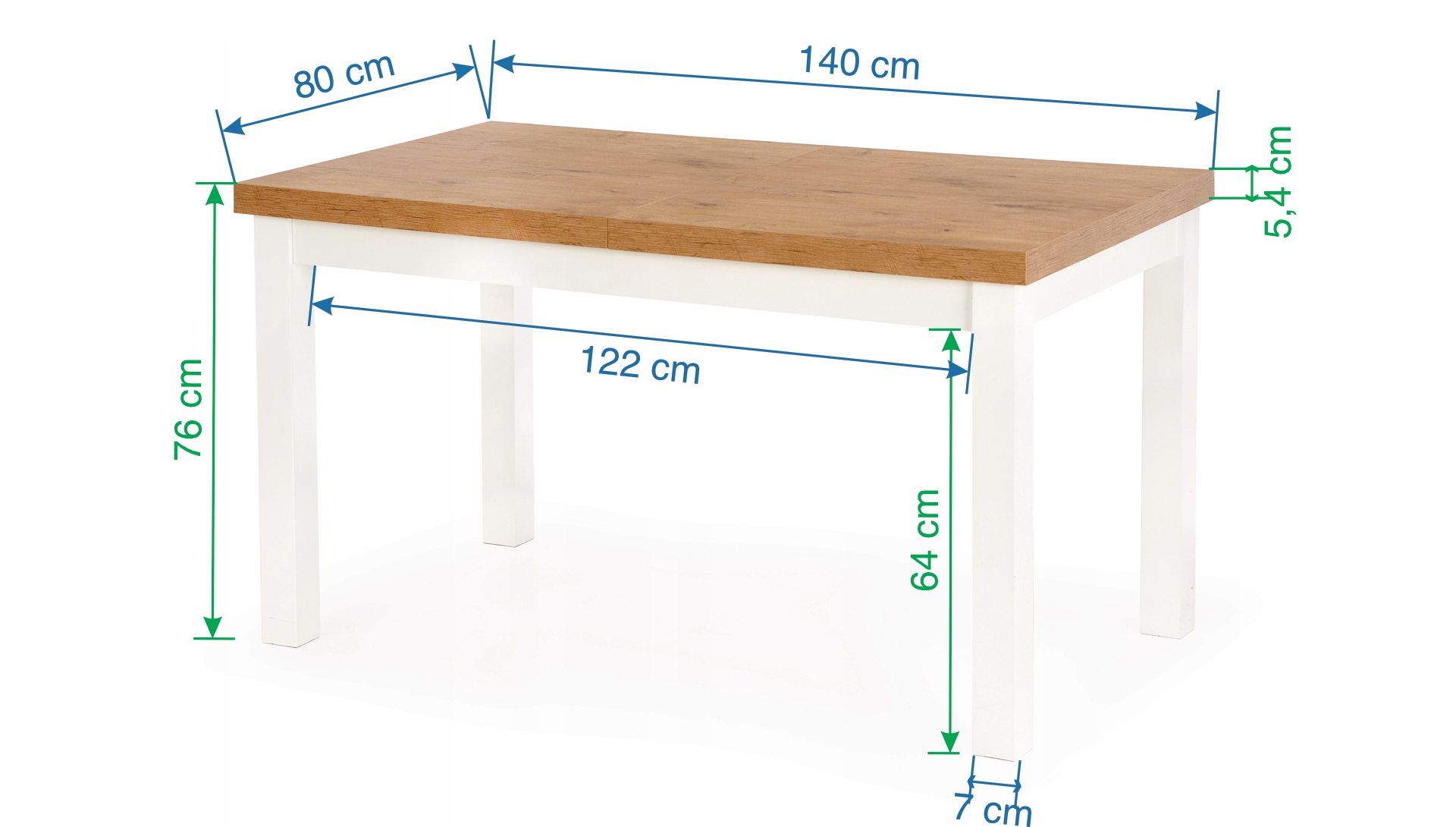 Prostokątny Stół Rozkładany TIAGO 140/220 x 80 x 76 Dąb Lancelot Maksymalna długość rozłożonego stołu 220 cm