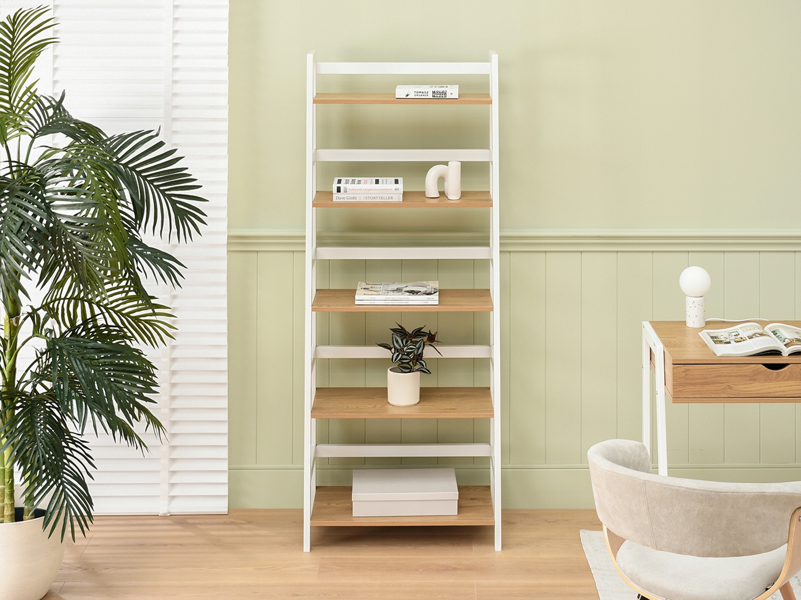 MOCNY STABILNY REGAŁ DRABINA TOWER BIAŁY Z PÓŁKAMI DAB SONOMA DO BIURA DOMU Marka Mebel-Partner