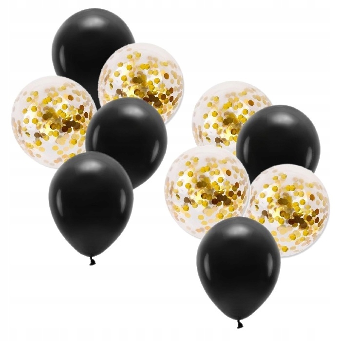 Balony na urodziny czarne i złote konfetti 10szt