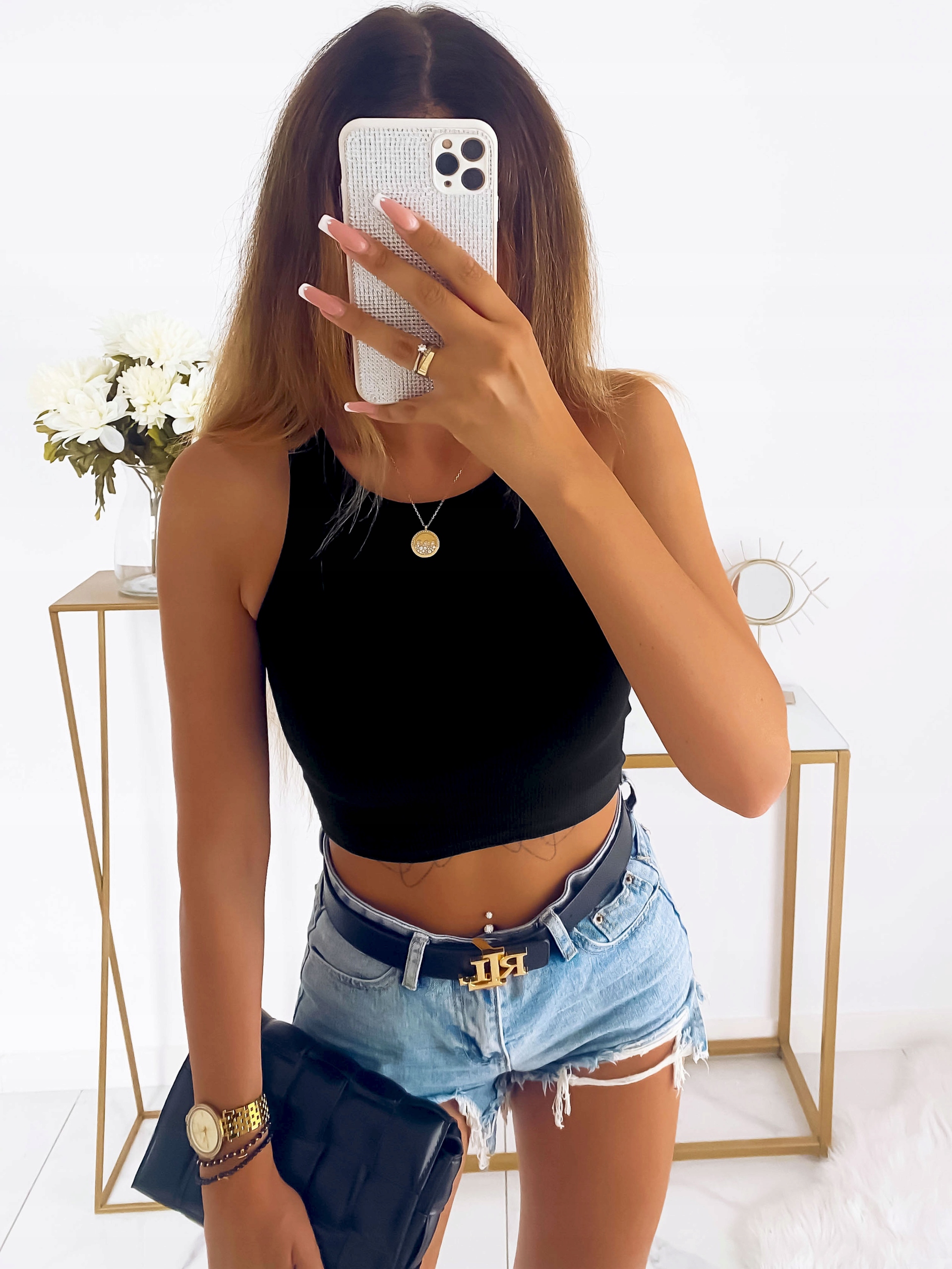 TOP BLUZKA PROSTA KLASYCZNA MODNA PRĄŻKOWANA RAMIĄCZKA CZARNA S/M BYSISI Model J962