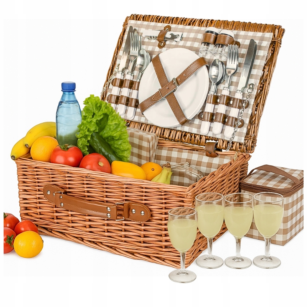 Košík Piknikový Koš Proutěný Sada 4MÍSTNÁ Termotaška Příbory Talíře