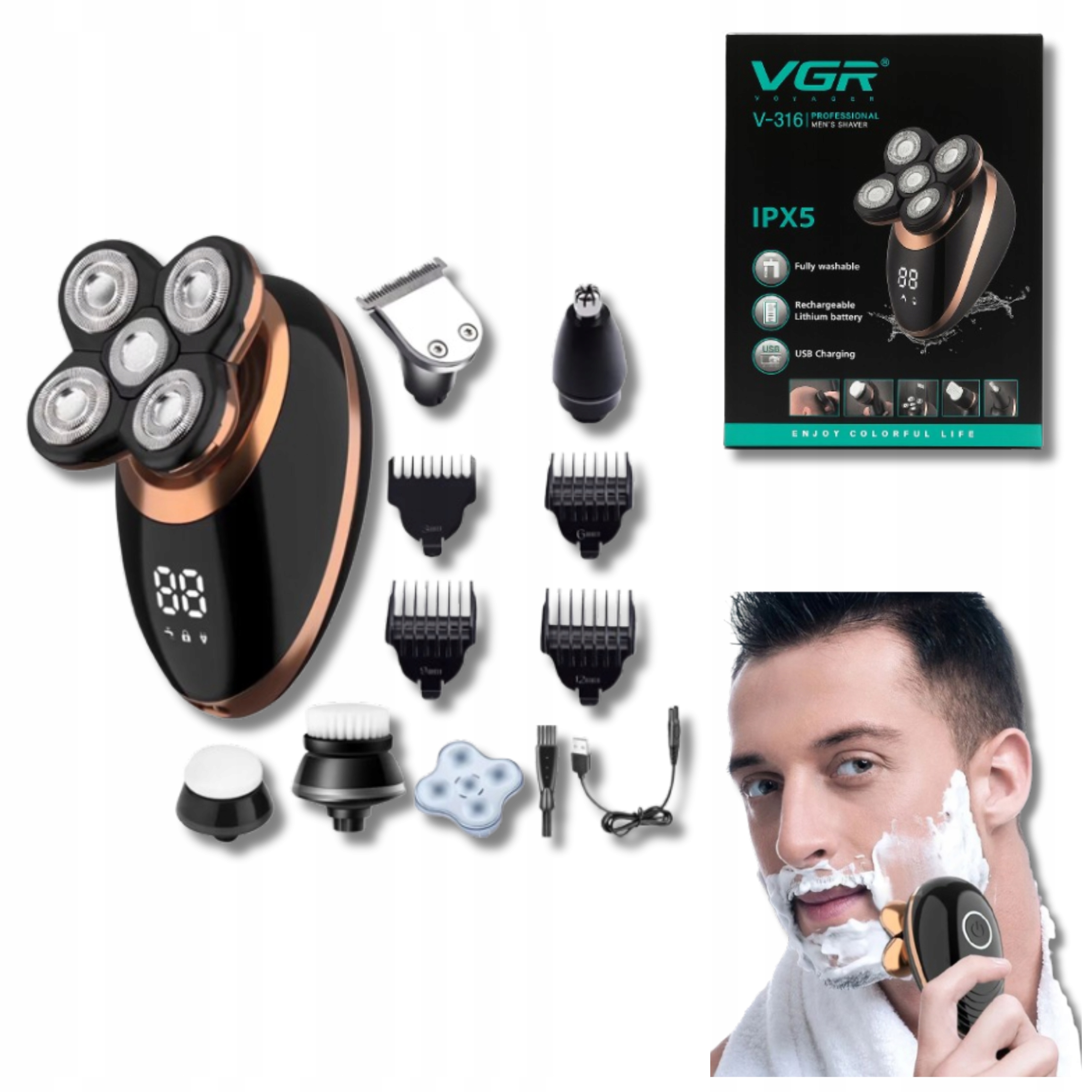 Holicí Strojek 5v1 na hlavu a vousy Zastřihovač 5 nástavců na Dárek