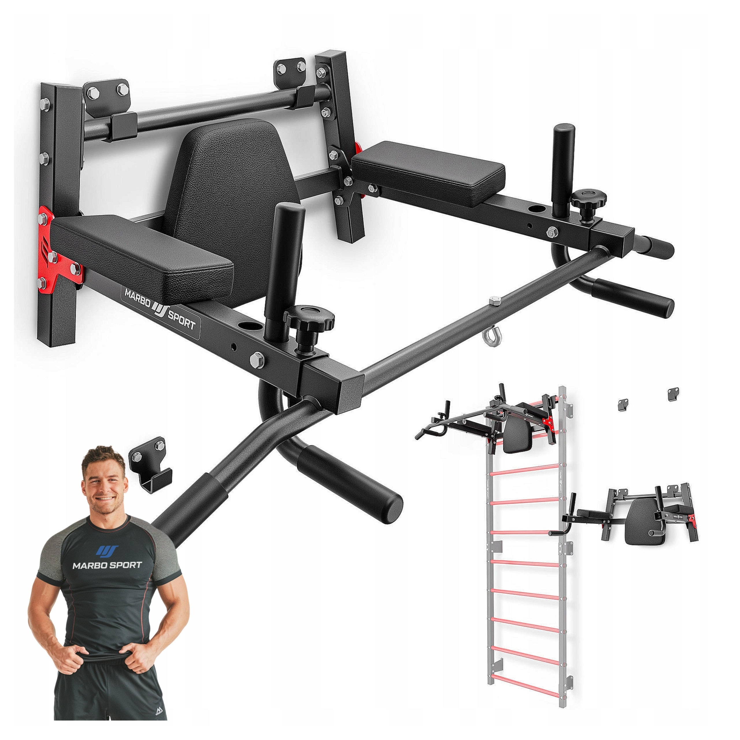 Zábradlí a hrazda 2v1 Marbo ke zdi, vytahování dipu, trénink MH-U205