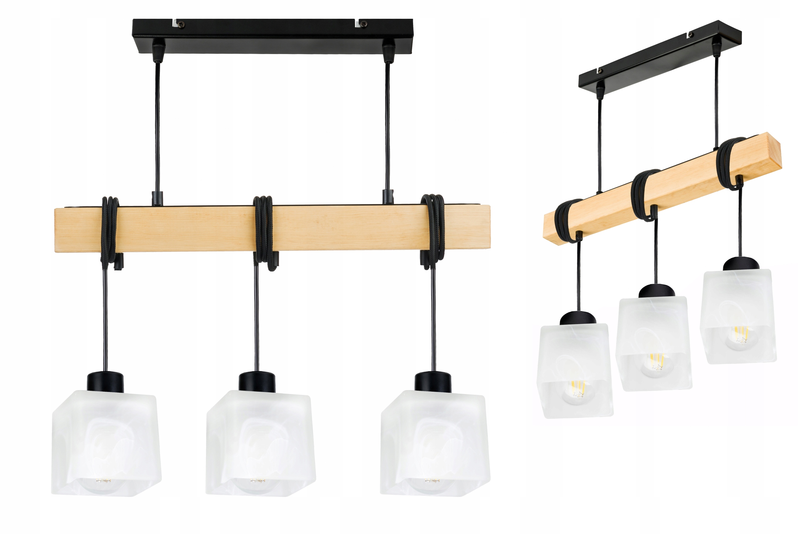 Dřevěná závěsná stropní lampa Lustr Zwis Black Kostka Sklo E27