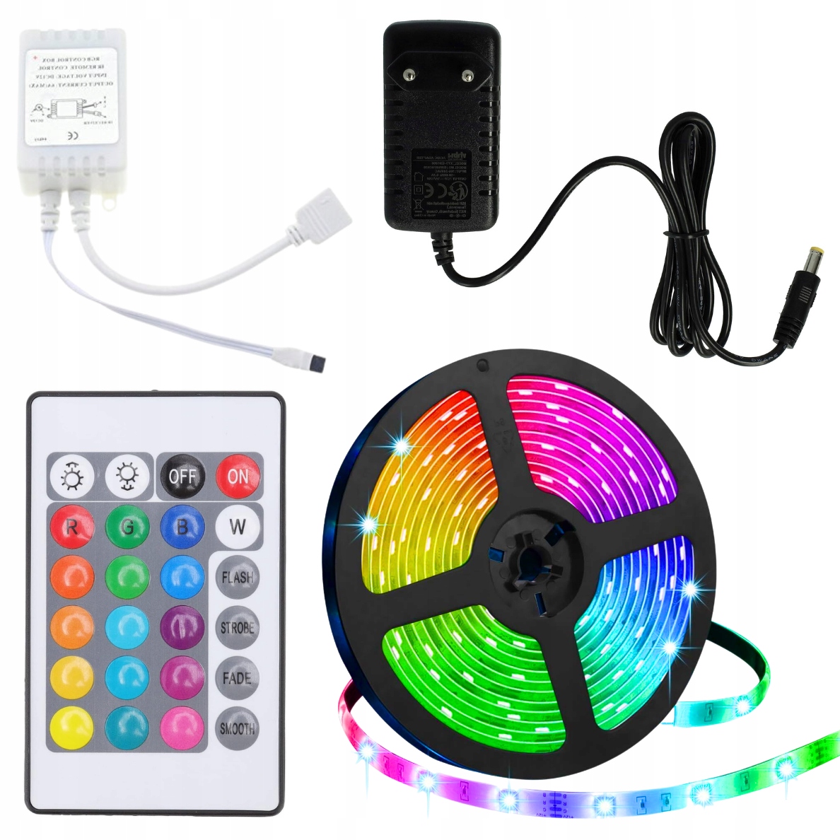 LEDY WODOODPORNE KOLOROWE TAŚMA LED RGB WODOODPORNA 5m Z PILOTEM Moc 14.4 W