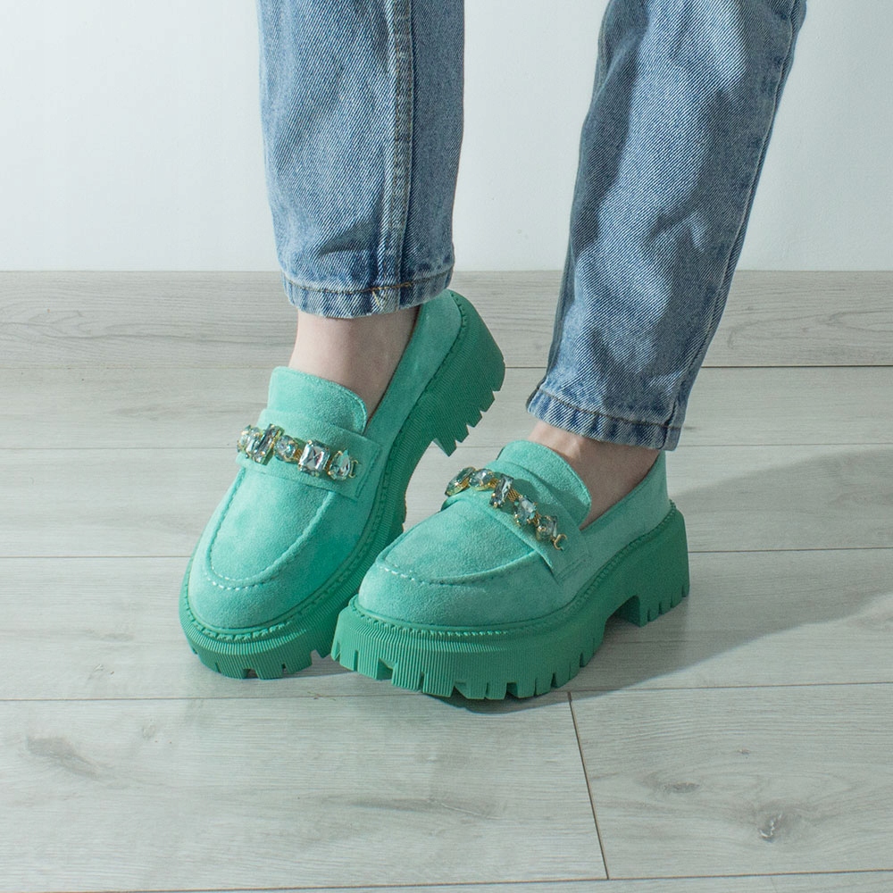 ZAMSZOWE DAMSKIE MOKASYNY NA PLATFORMIE Z KAMIENIAMI ZIELONE MIĘTOWE 41 Model H8-261