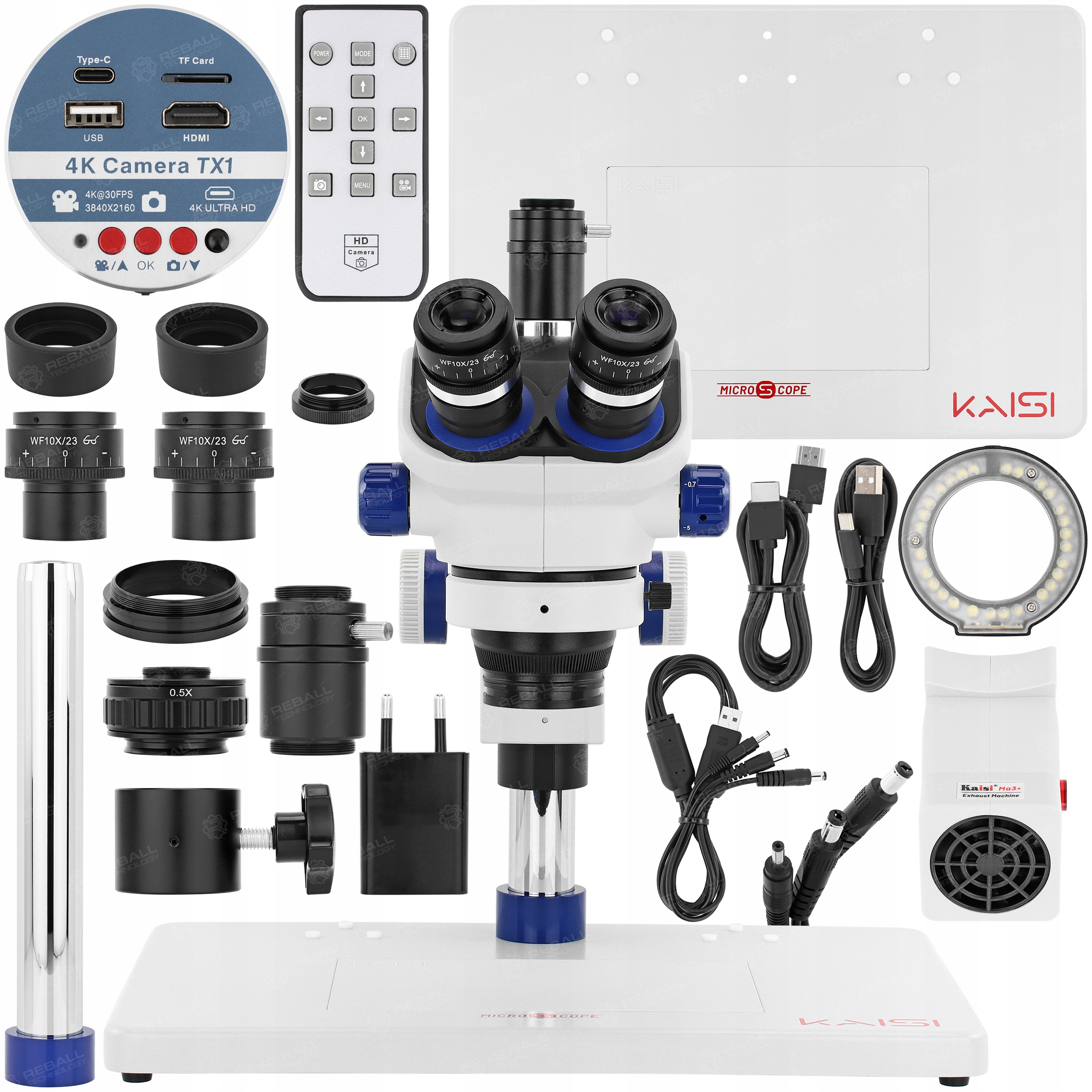 Stereoskopický trinokulární mikroskop Kaisi TX-350E 4K kamera odsavač kouře